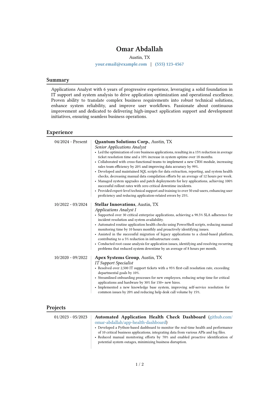 Applications Analyst resume example, Career changer, page 1