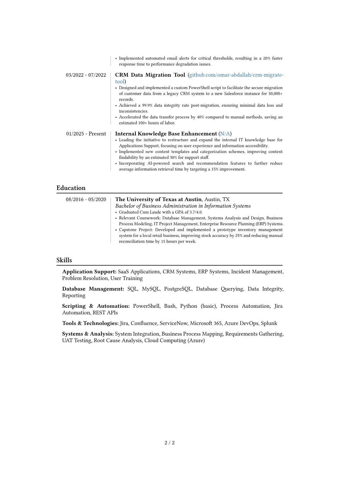 Applications Analyst resume example, Career changer, page 2