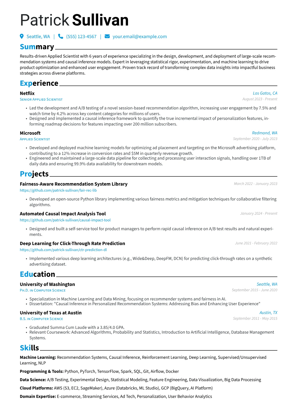Applied Scientist resume example, Machine Learning, page 1