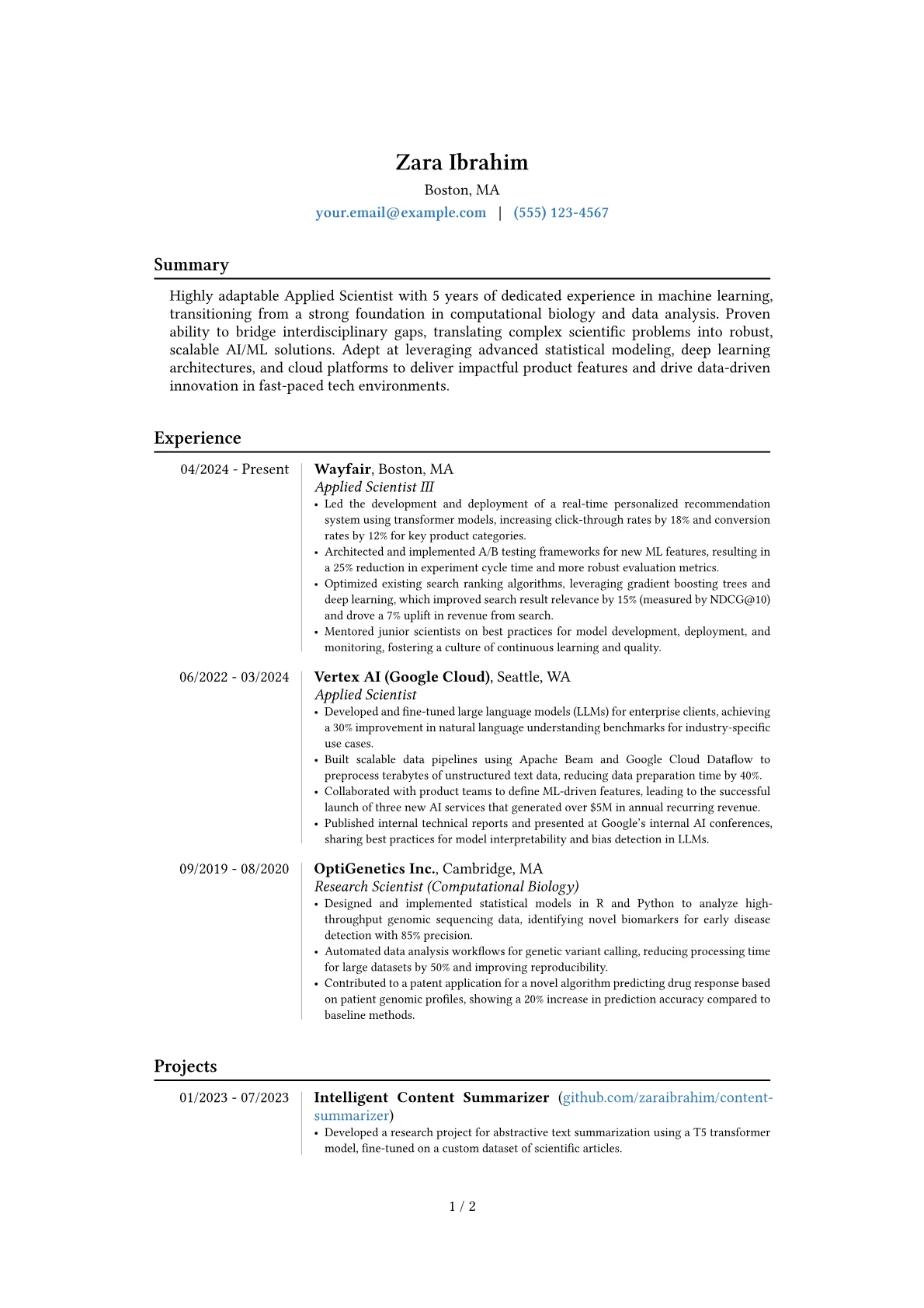 Applied Scientist resume example, Career changer, page 1