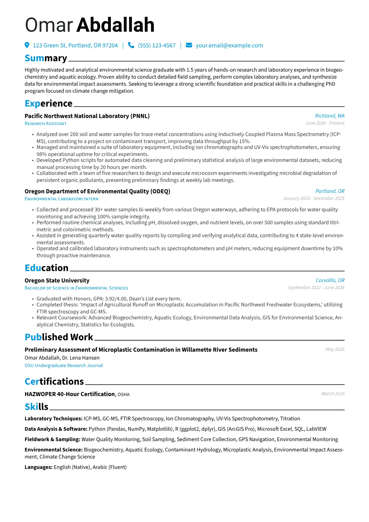 Applying for PhD resume example, PhD Applicant, page 1