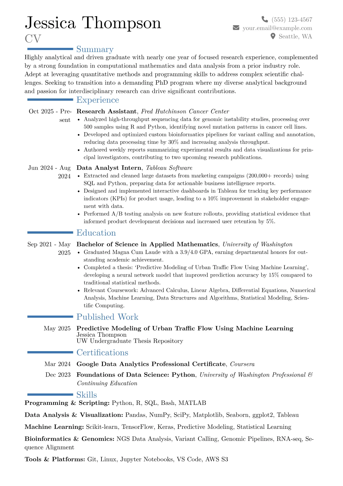 Applying for PhD resume example, Career changer, page 1