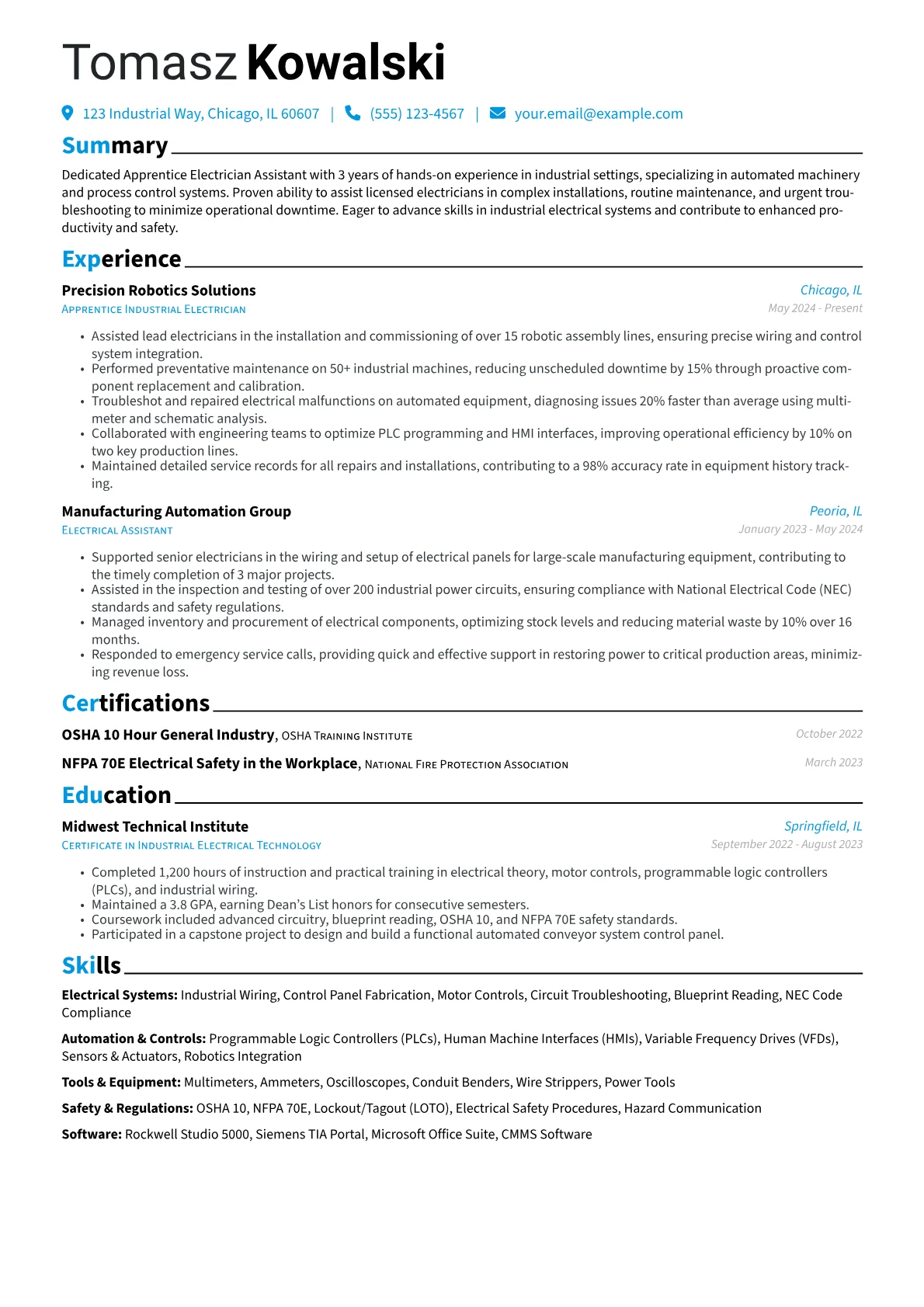 Apprentice Electrician Assistant resume example, Industrial Automation, page 1