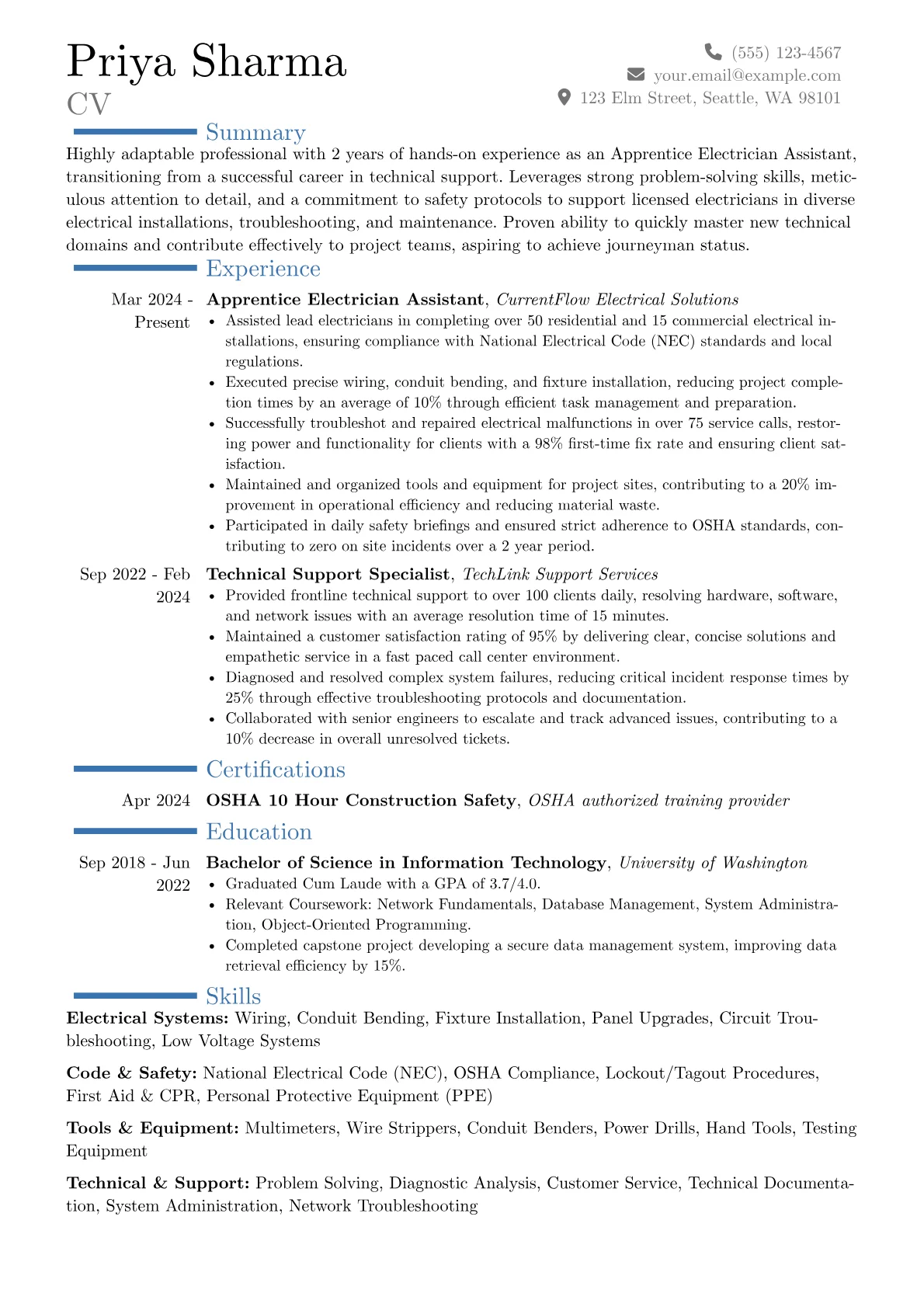Apprentice Electrician Assistant resume example, Career changer, page 1