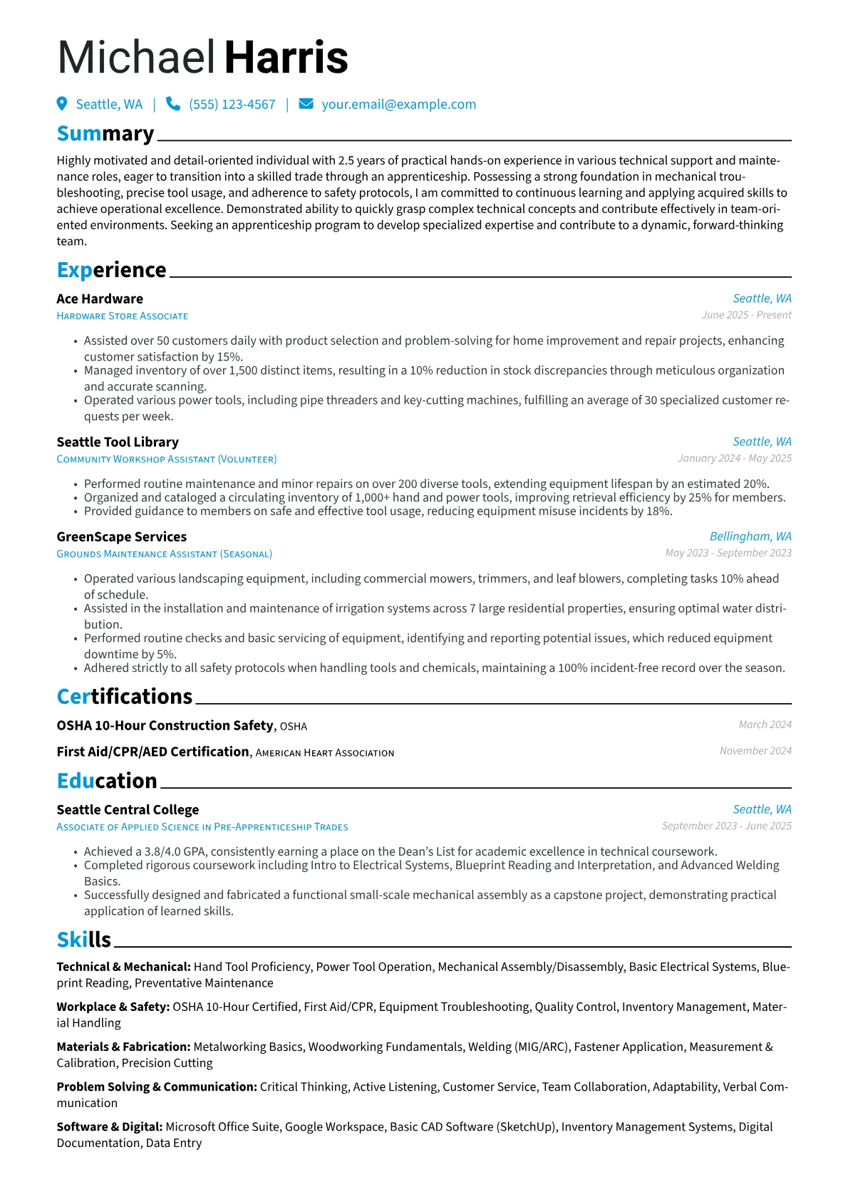 Apprenticeship with No Experience Resume Examples (2026)
