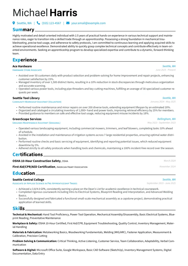 Apprenticeship with No Experience Resume Examples (2026)