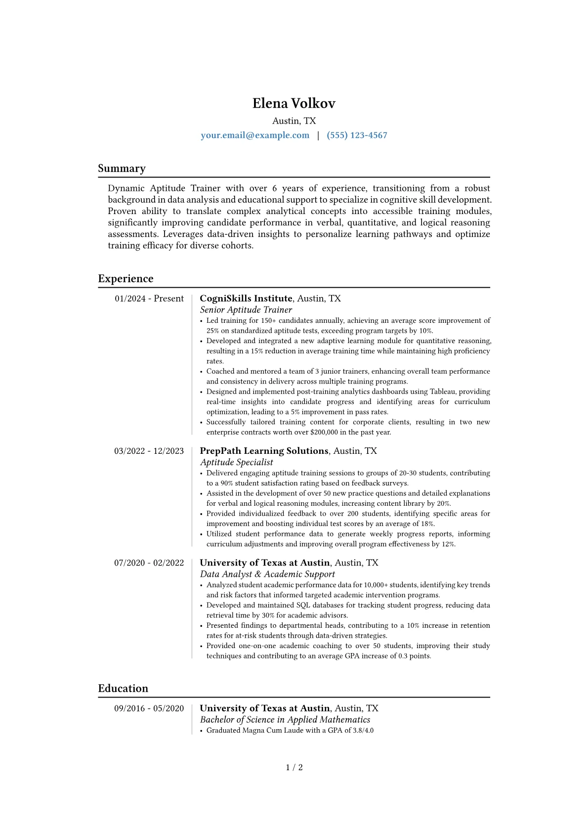 Aptitude Trainer resume example, Career changer, page 1
