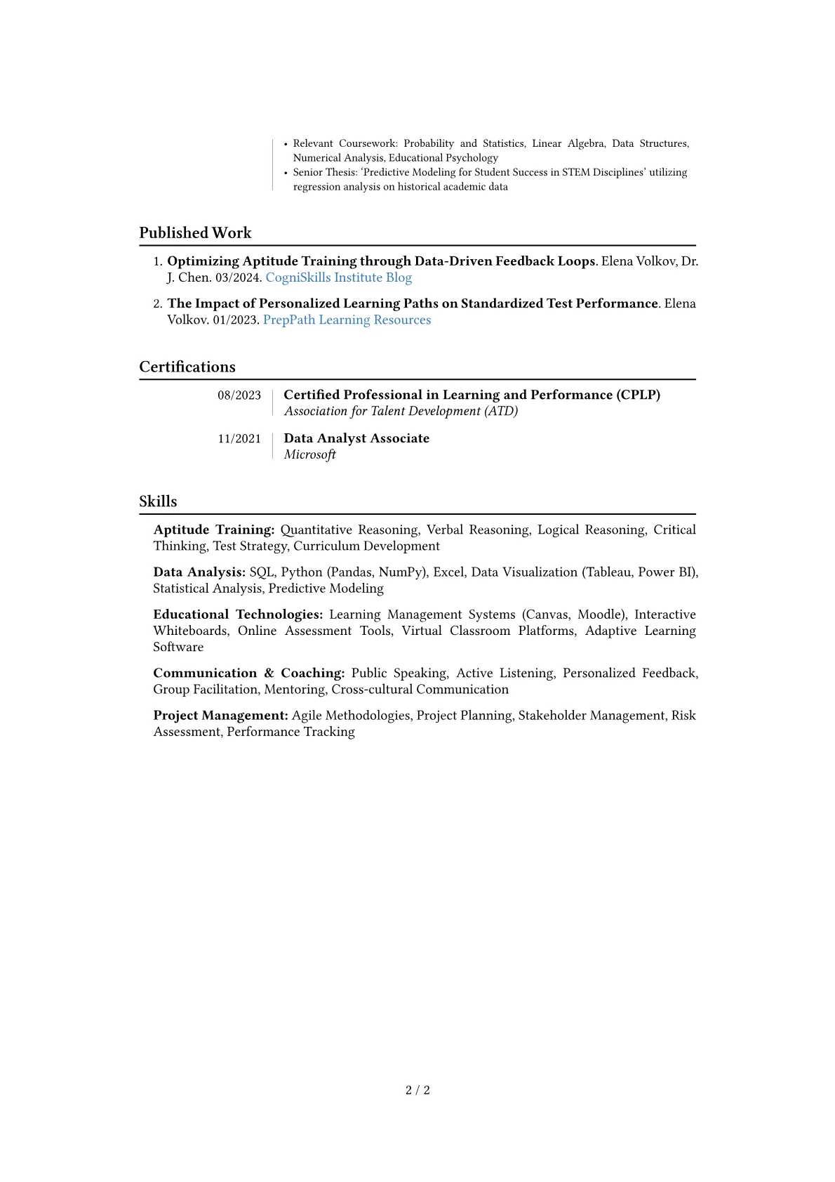 Aptitude Trainer resume example, Career changer, page 2