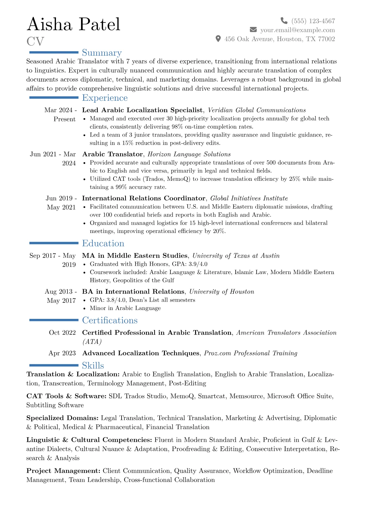 Arabic Translator resume example, Career changer, page 1