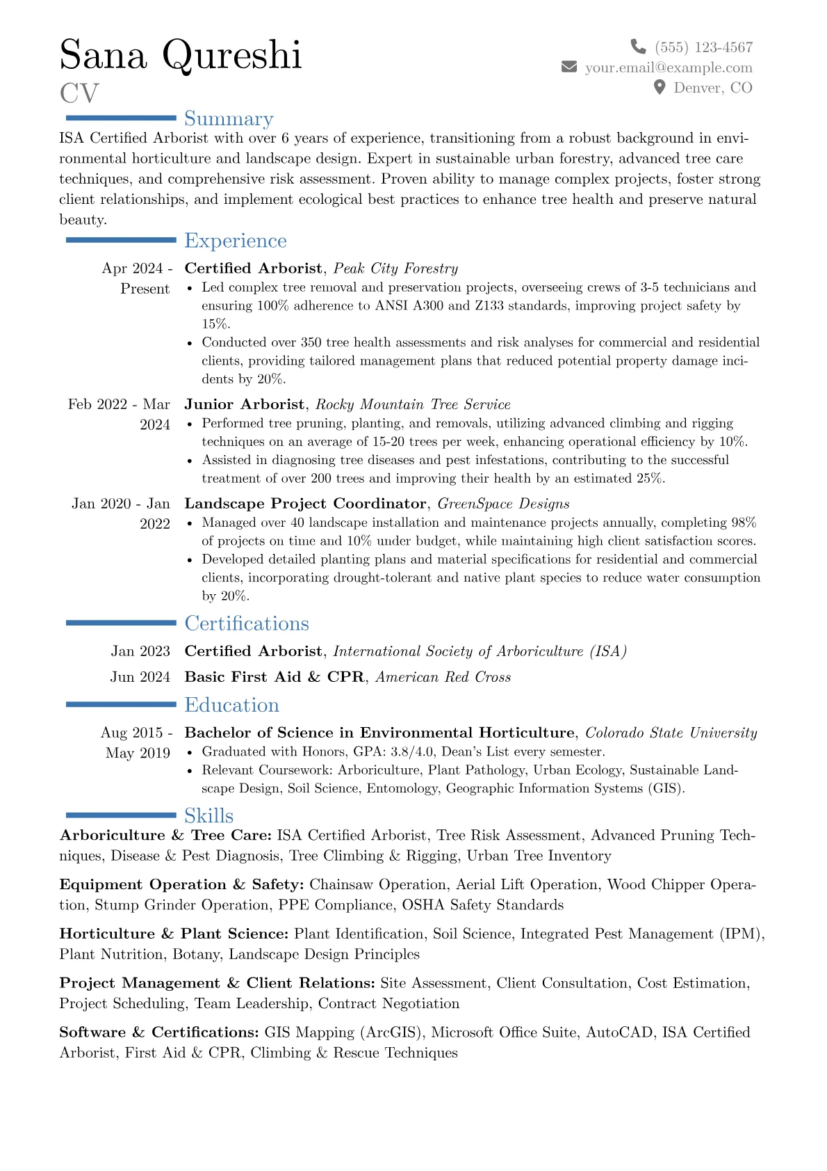 Arborist resume example, Career changer, page 1