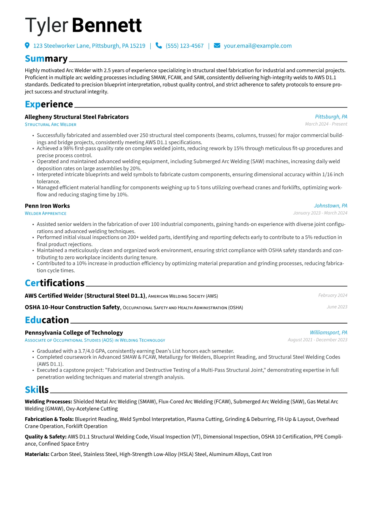 Arc Welder resume example, Structural Steel, page 1