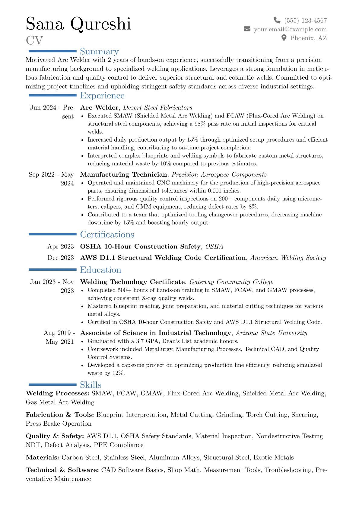 Arc Welder resume example, Career changer, page 1