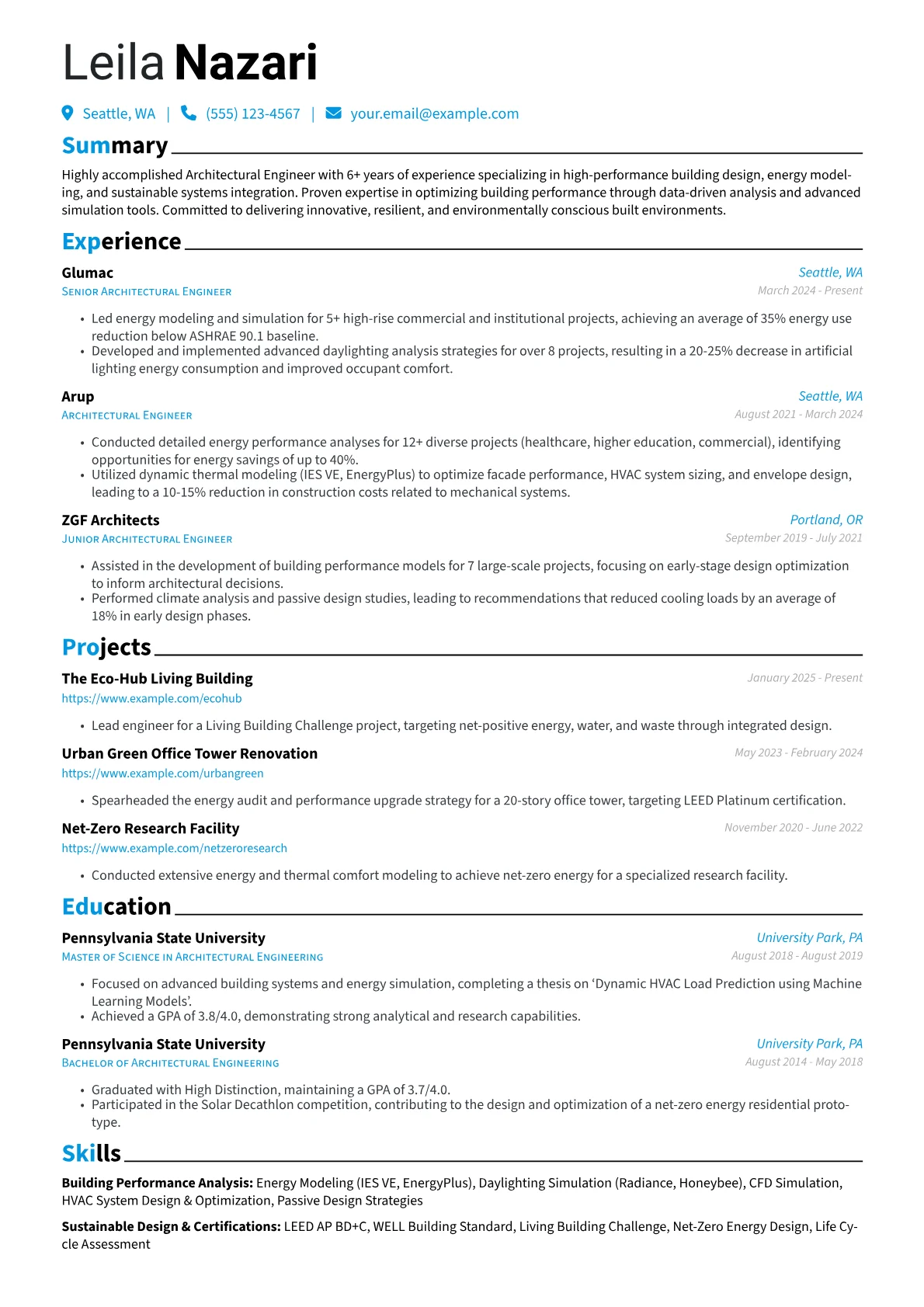 Architectural Engineer resume example, Building Performance, page 1