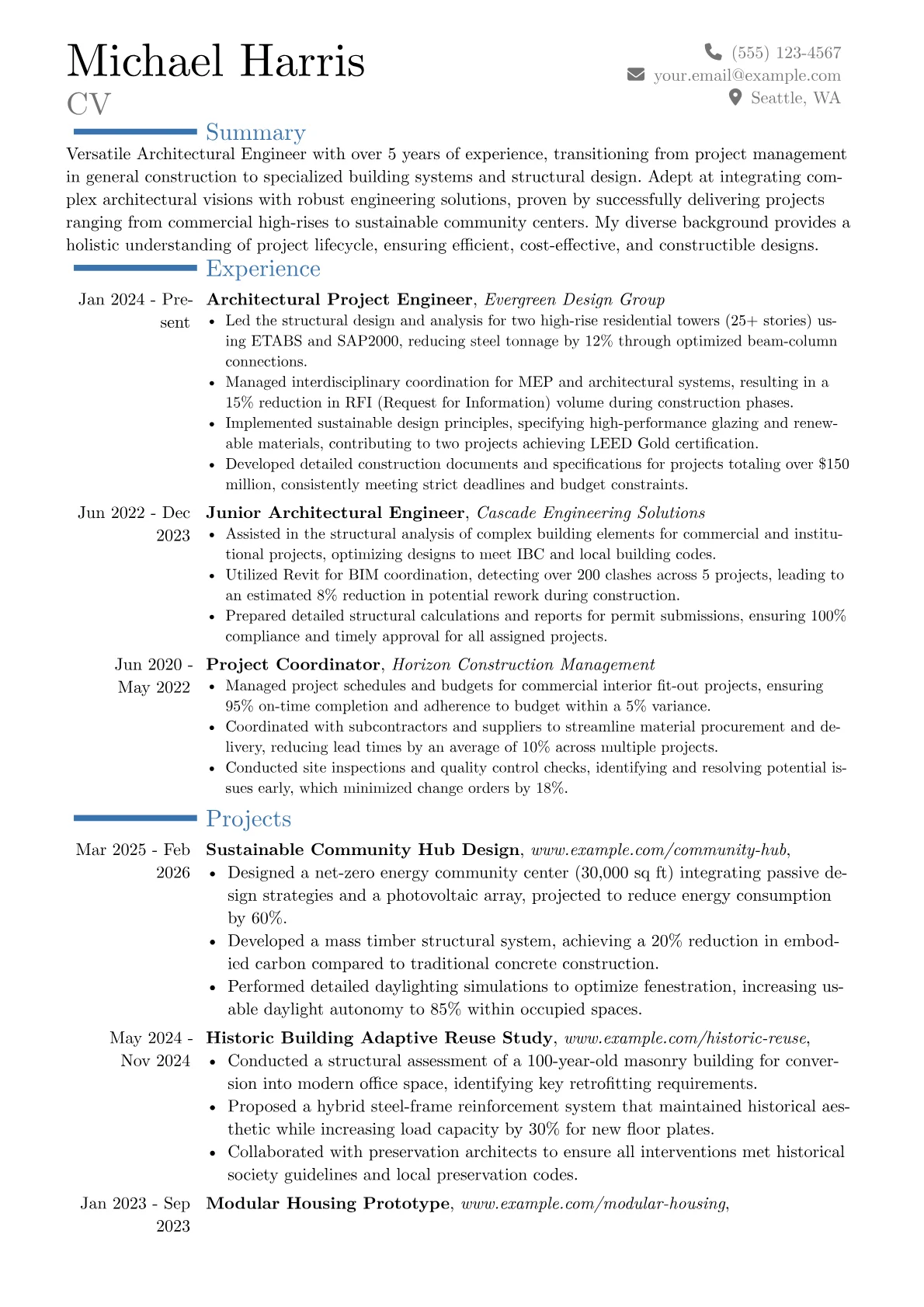 Architectural Engineer resume example, Career changer, page 1
