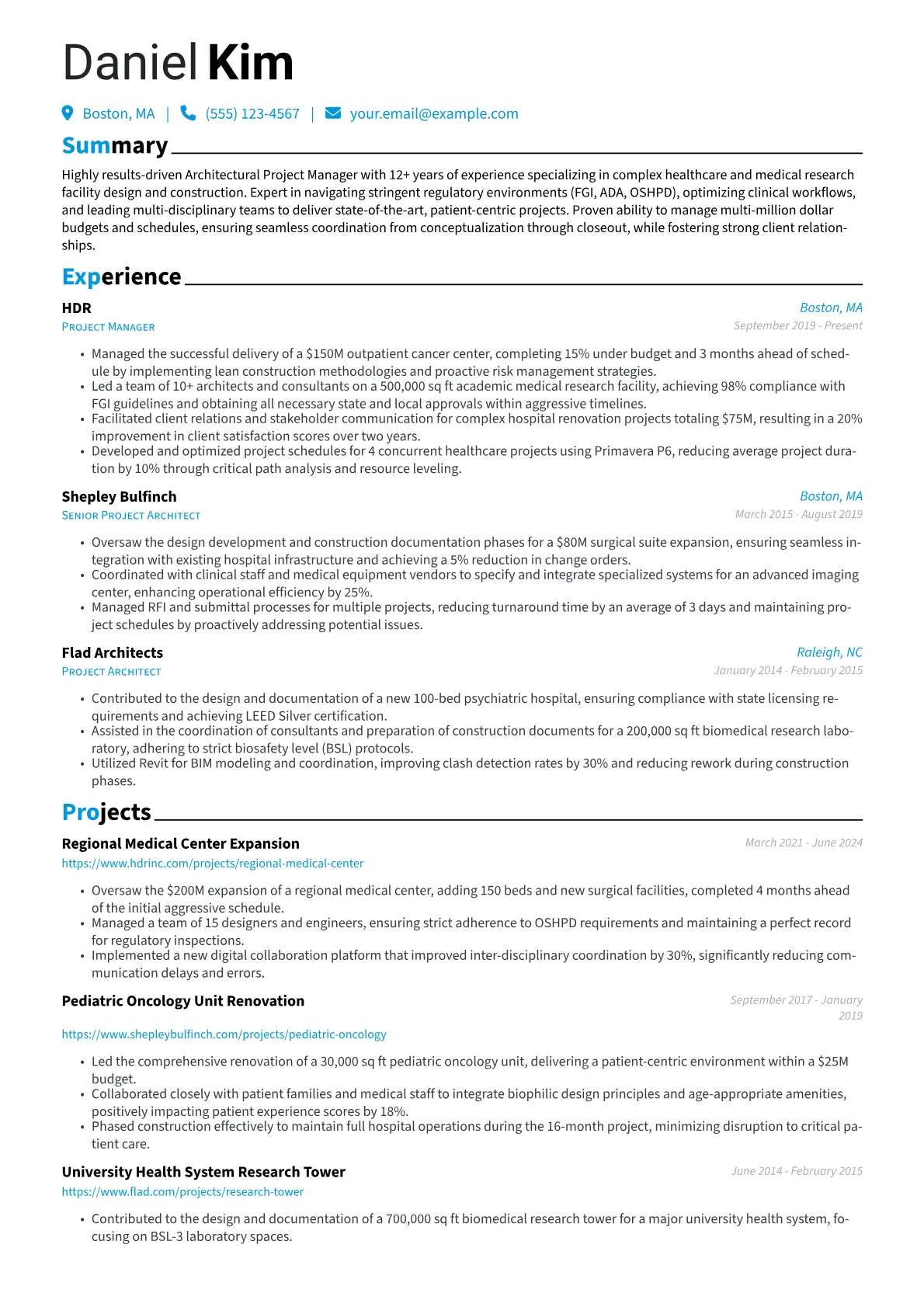Architectural Project Manager resume example, Architectural Project, page 1