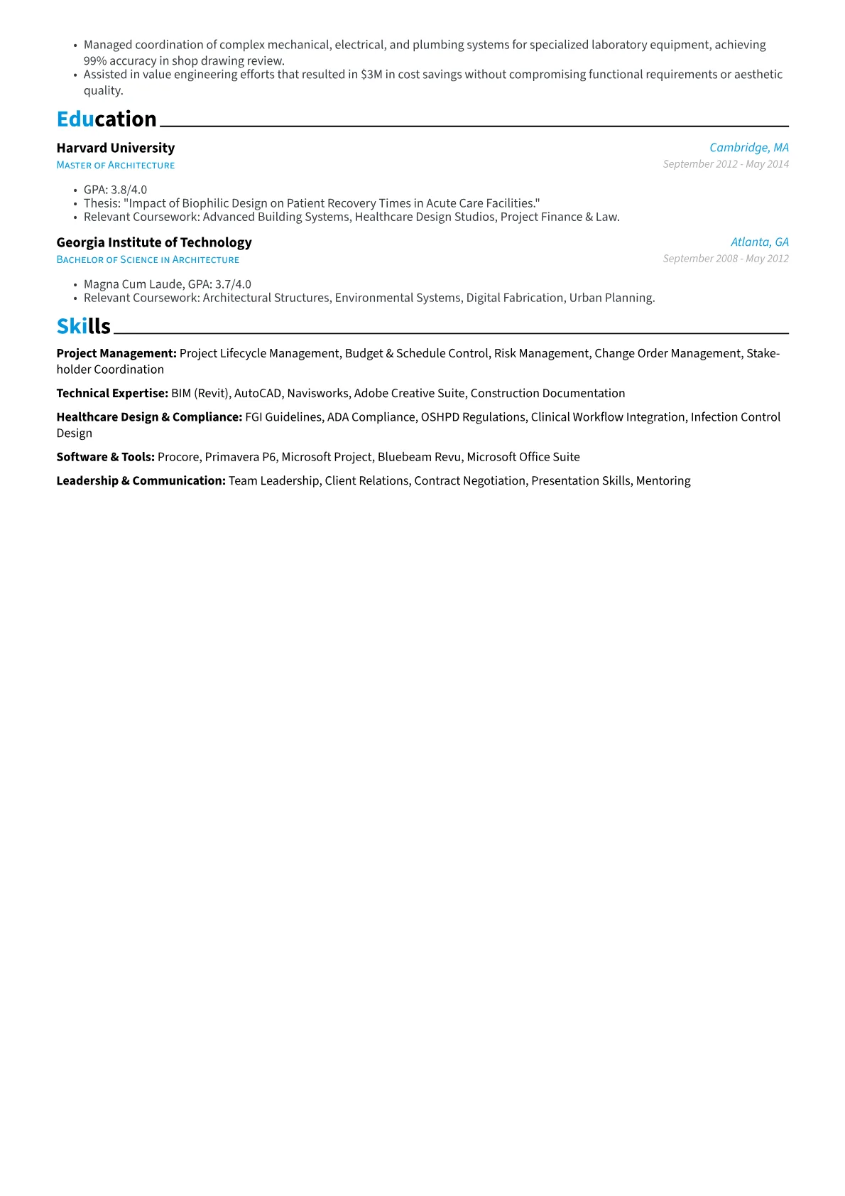 Architectural Project Manager resume example, Architectural Project, page 2