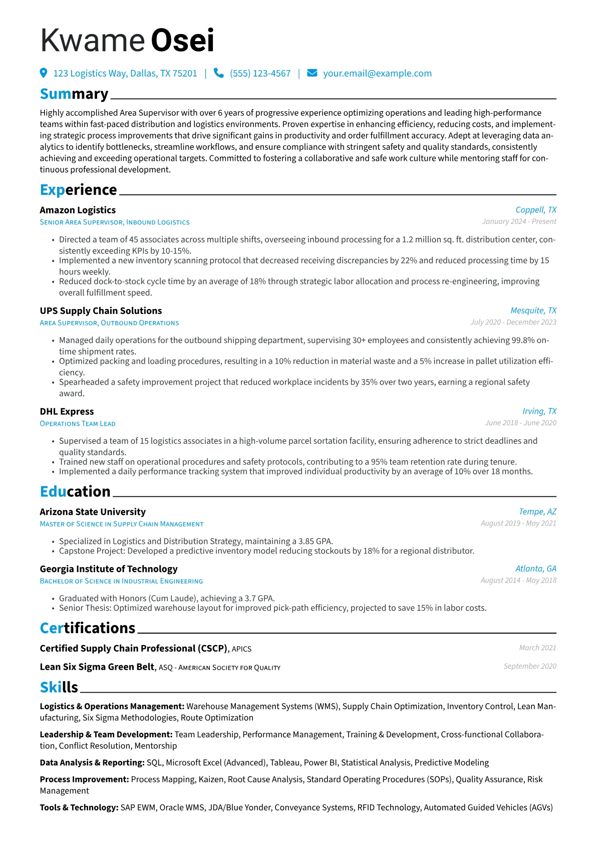 Area Supervisor resume example, Area Supervisor, page 1