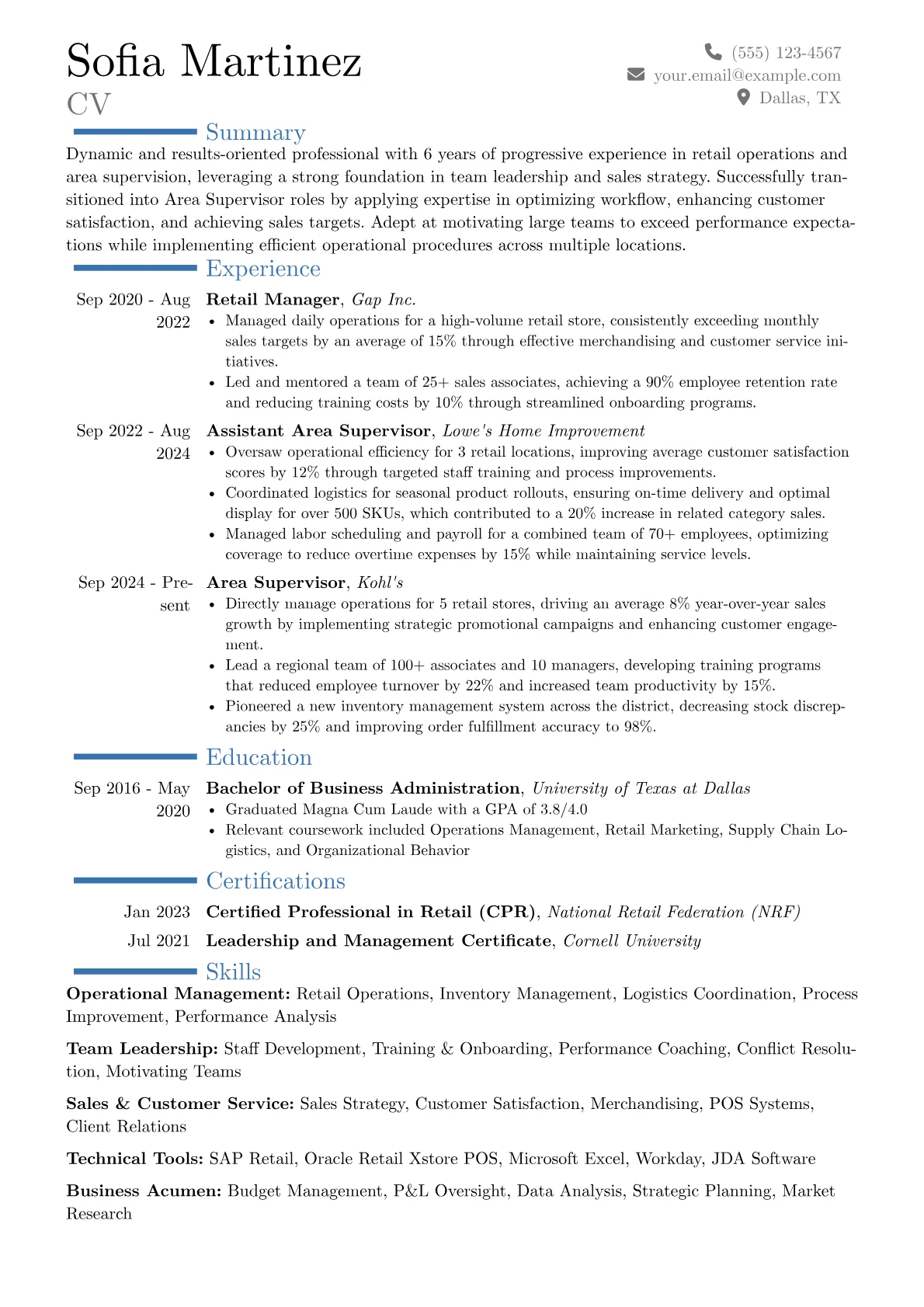 Area Supervisor resume example, Career changer, page 1