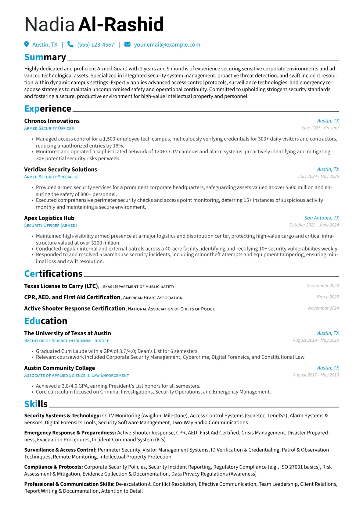 Armed Guard resume example, Corporate Armed Guard, page 1