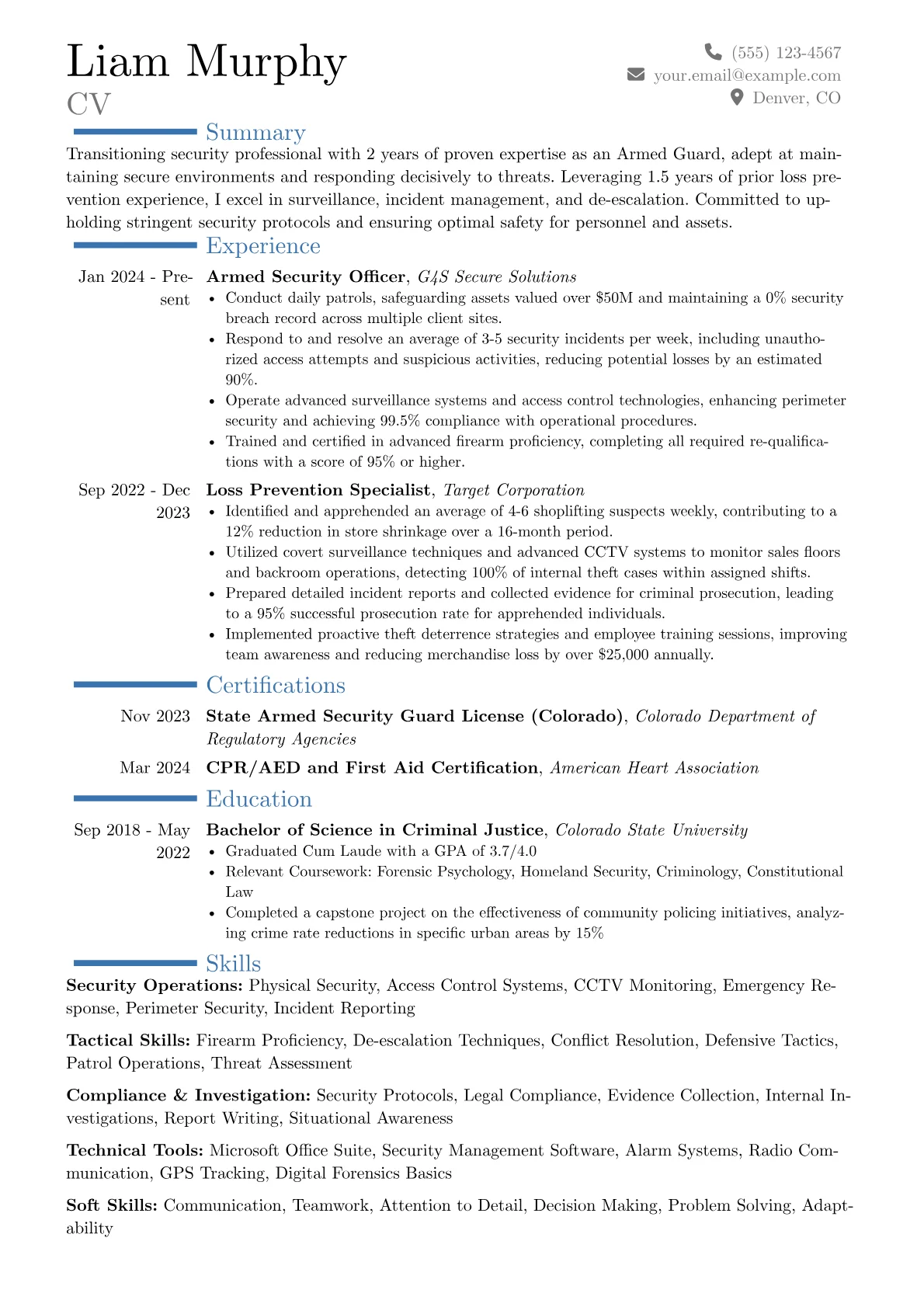 Armed Guard resume example, Career changer, page 1