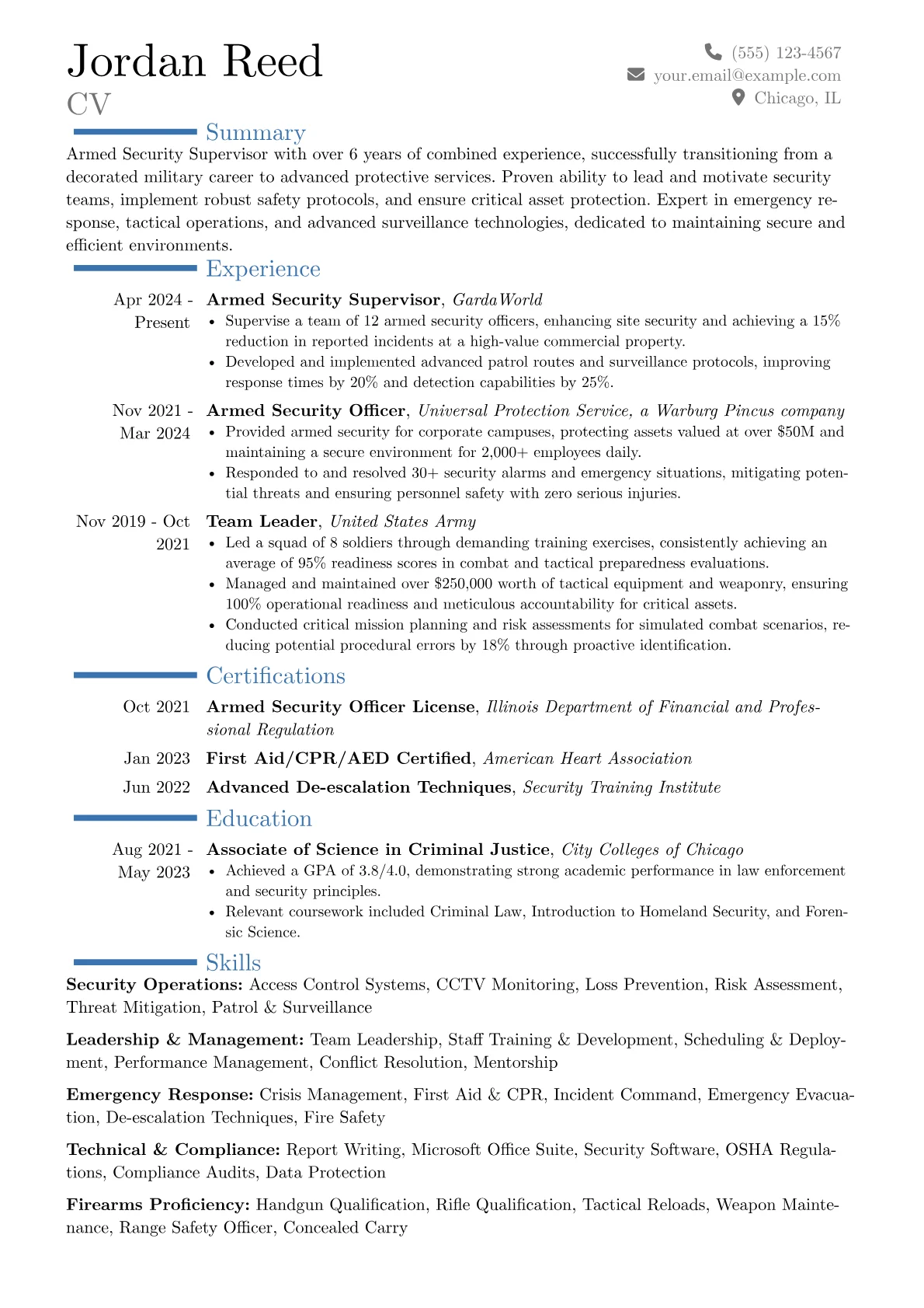 Armed Security Supervisor resume example, Career changer, page 1