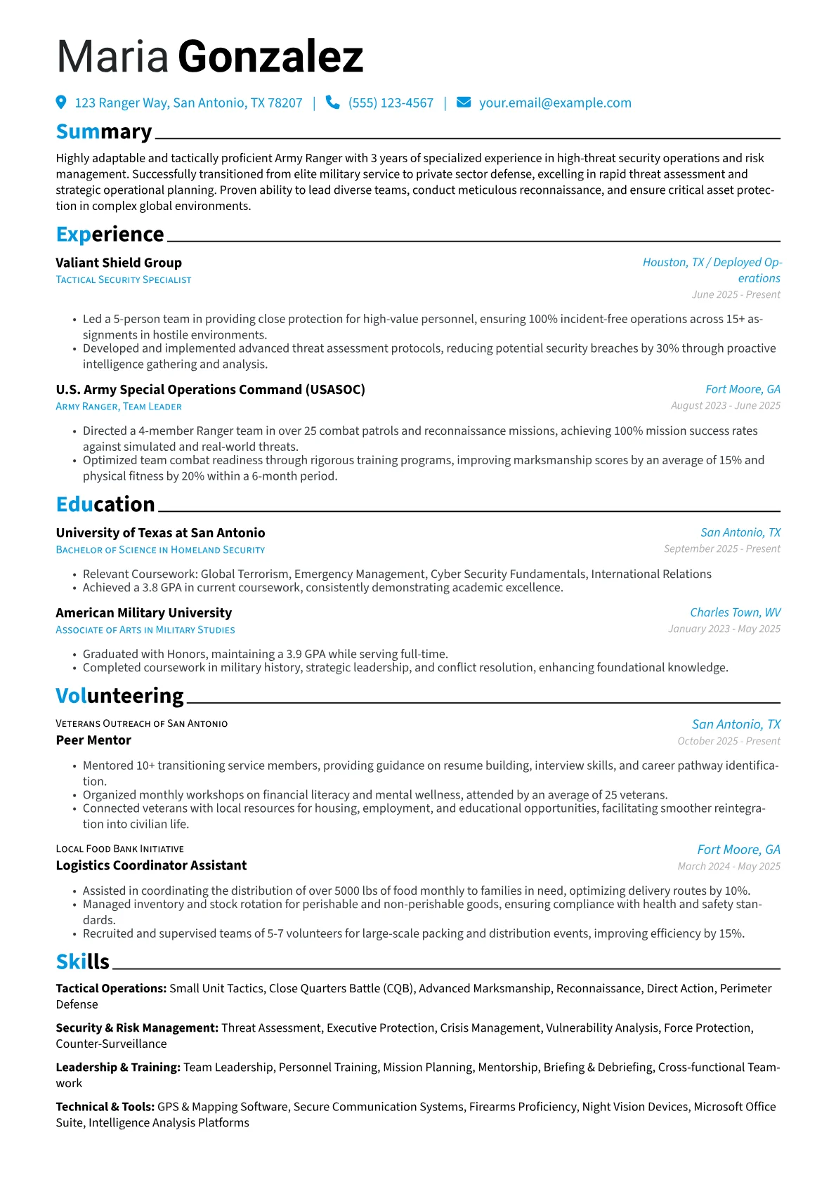 Army Ranger resume example, Army Ranger, page 1