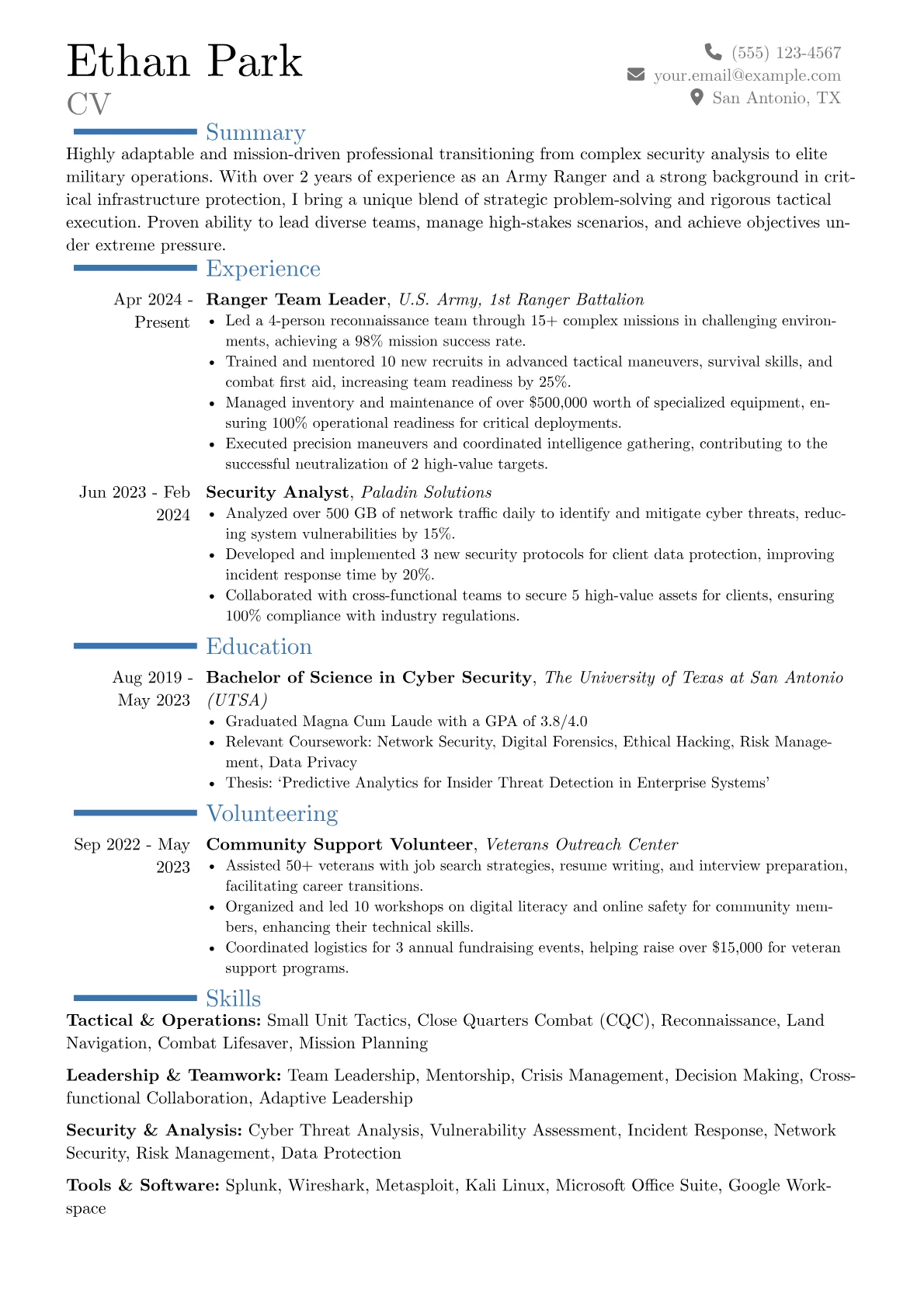 Army Ranger resume example, Career changer, page 1