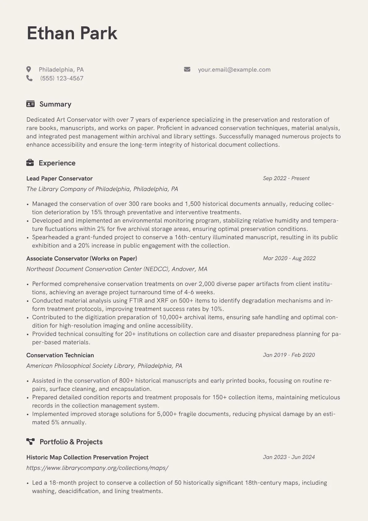 Art Conservator resume example, Paper & Archive, page 1