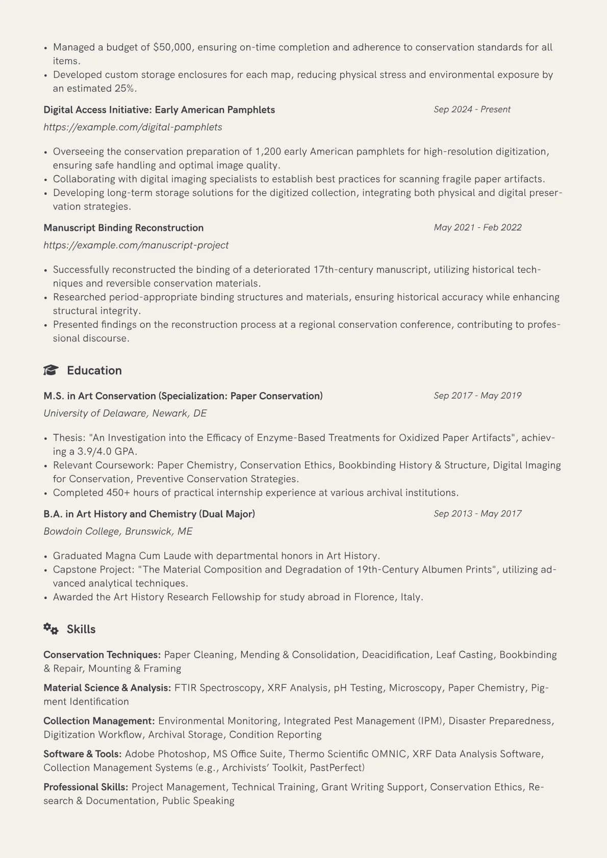 Art Conservator resume example, Paper & Archive, page 2