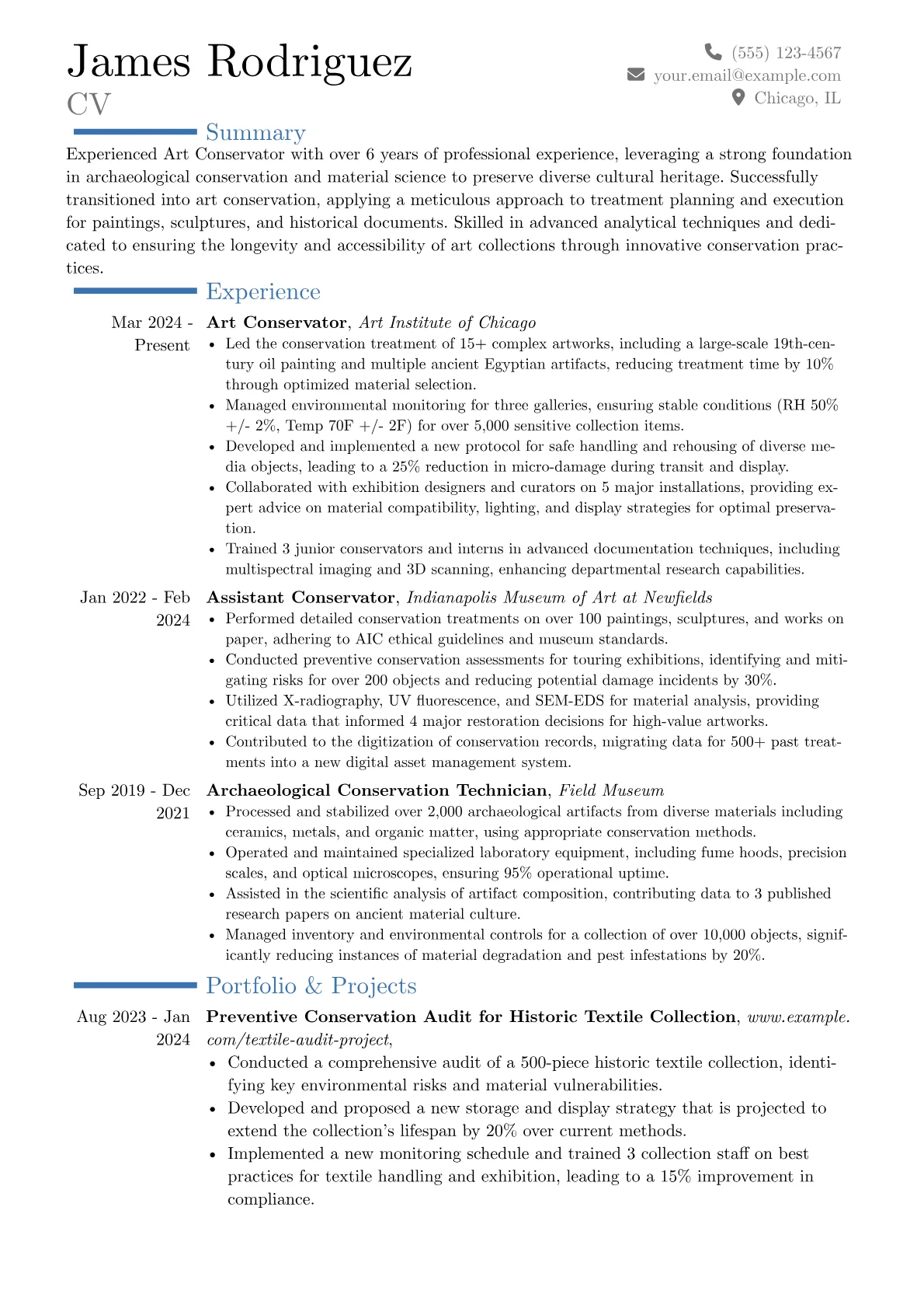 Art Conservator resume example, Career changer, page 1