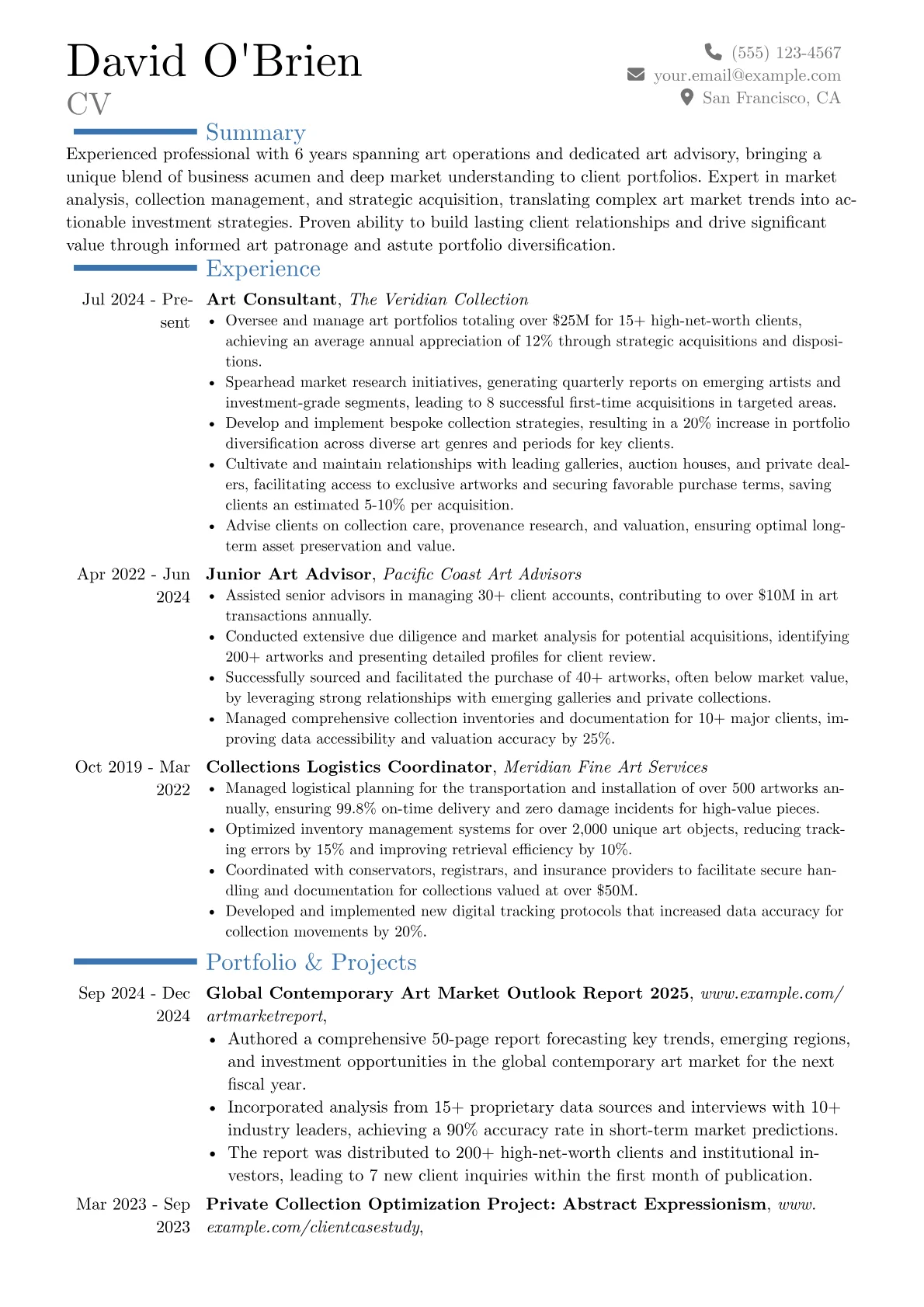 Art Consultant resume example, Career changer, page 1