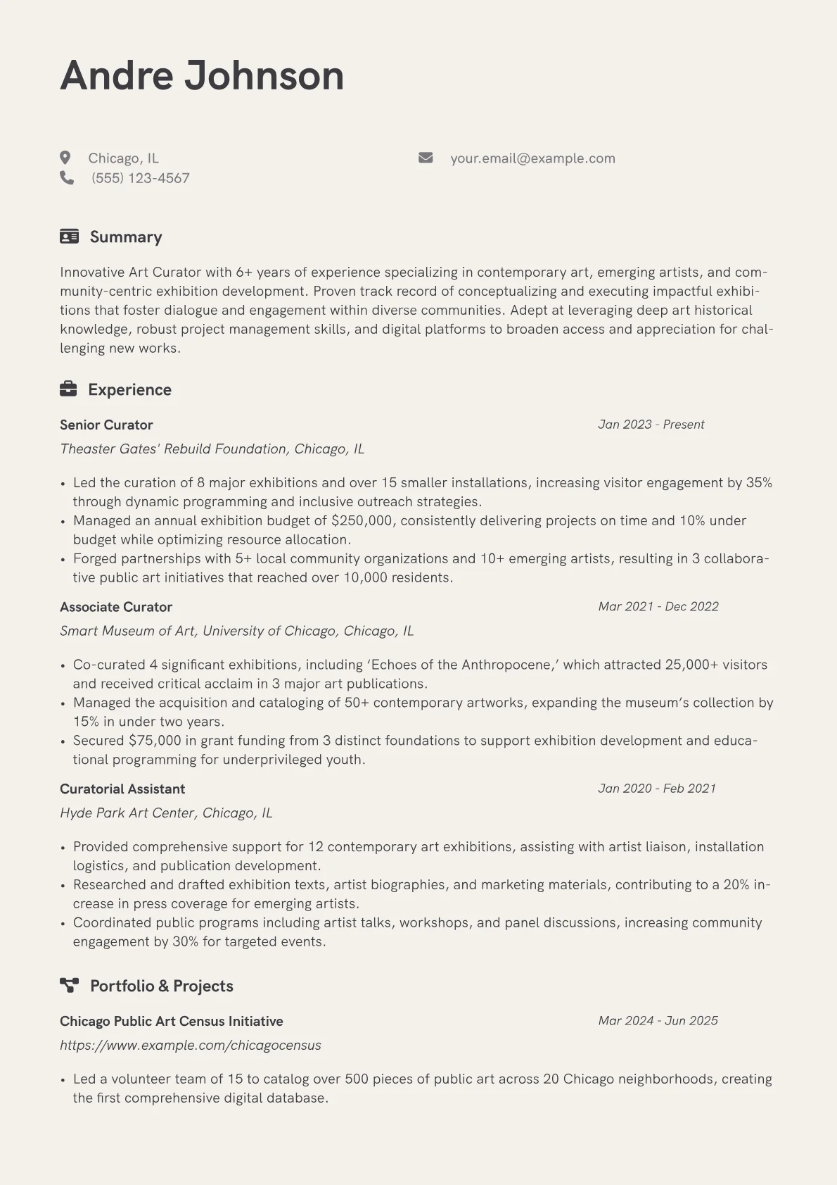 Art Curator resume example, Contemporary Art, page 1