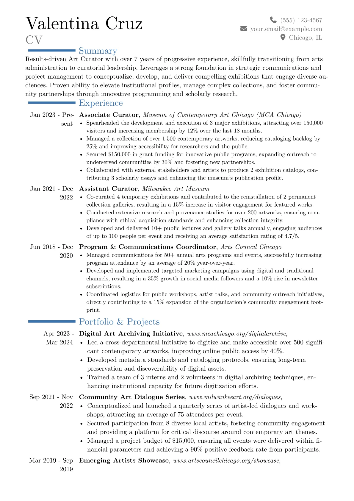 Art Curator resume example, Career changer, page 1