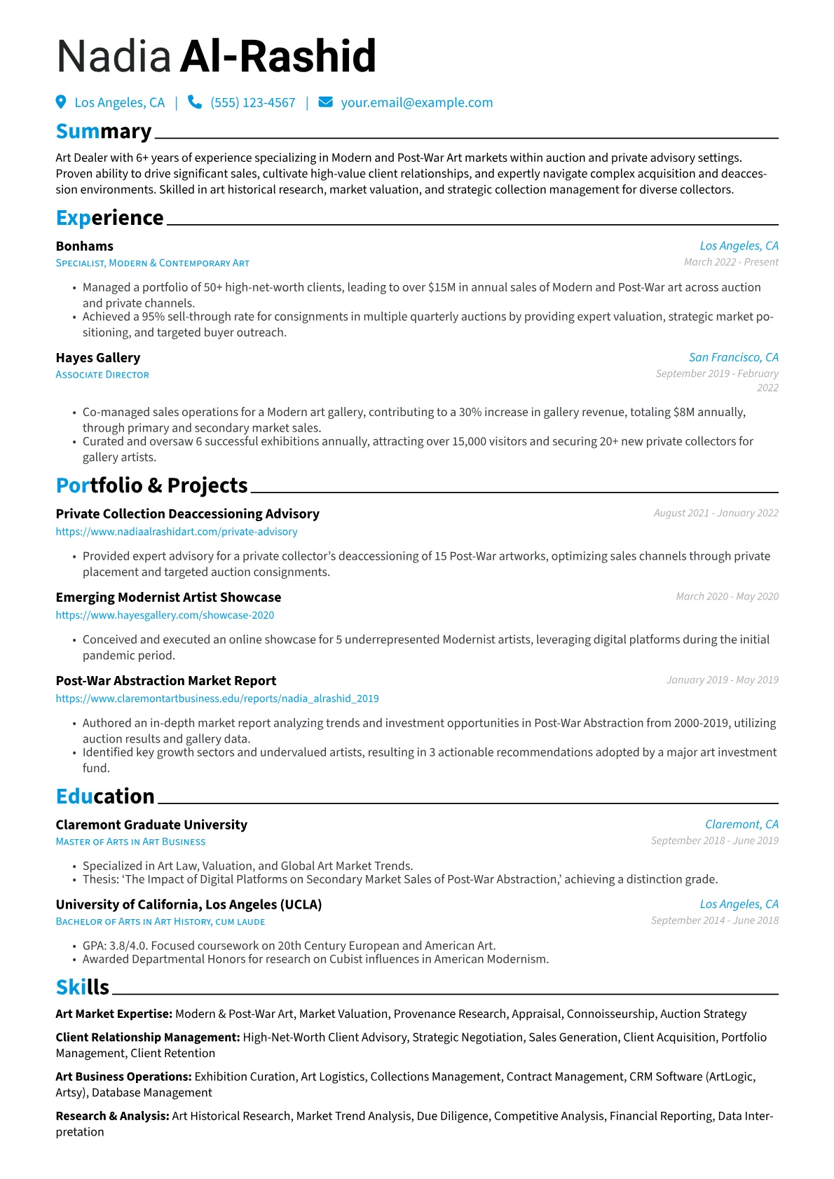 Art Dealer resume example, Modern Art & Auction, page 1