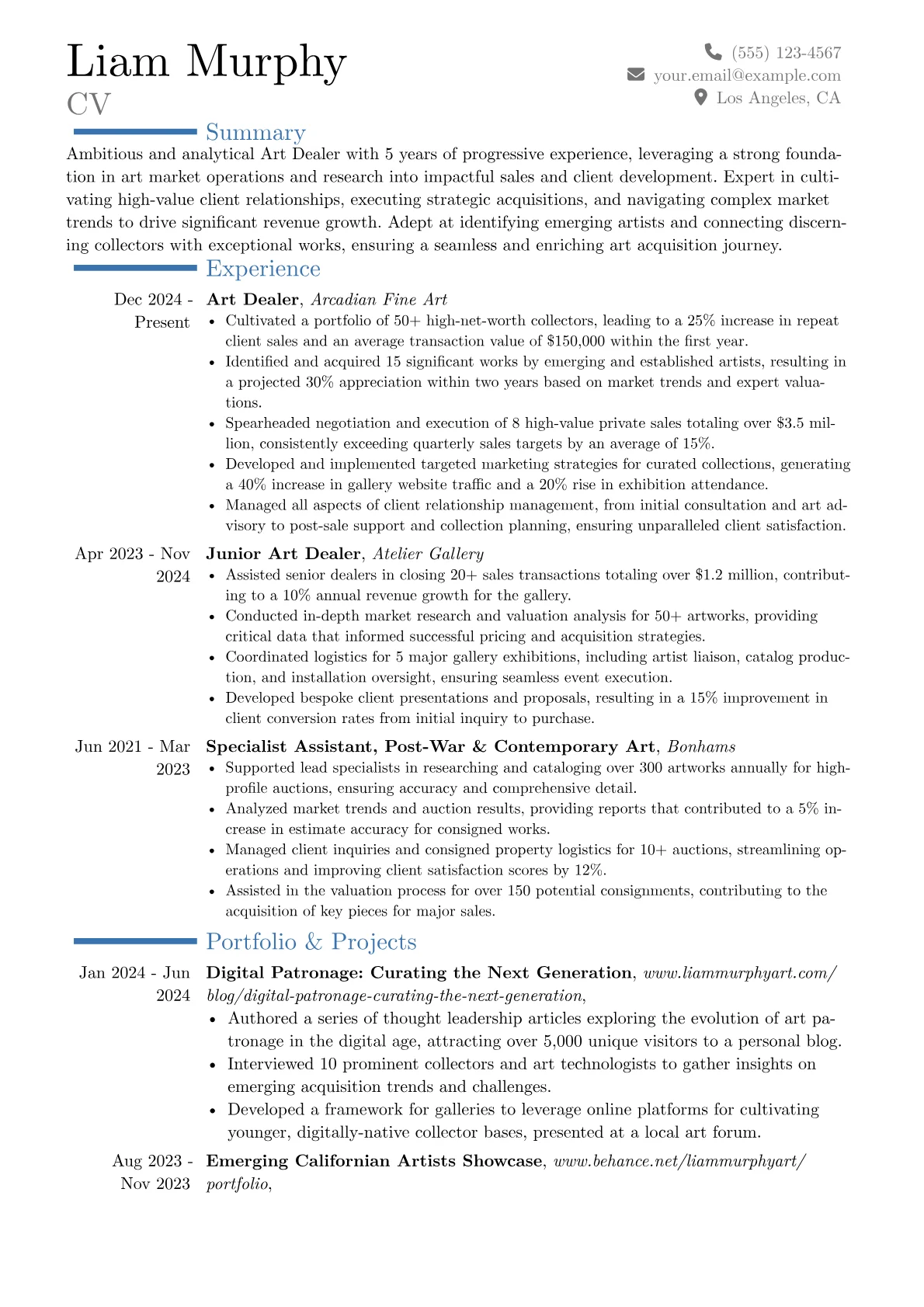 Art Dealer resume example, Career changer, page 1
