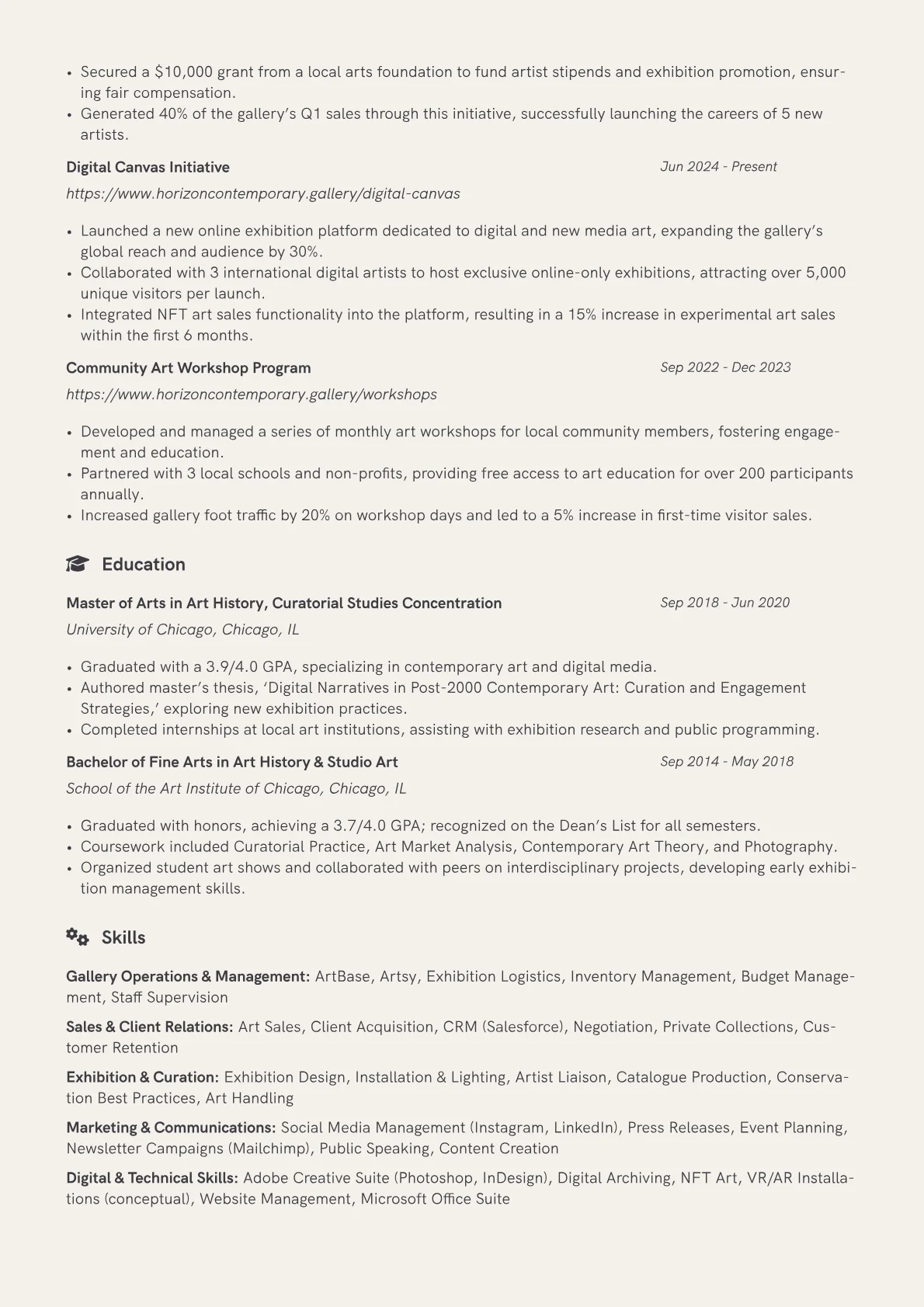 Art Gallery Manager resume example, Gallery Operations, page 2
