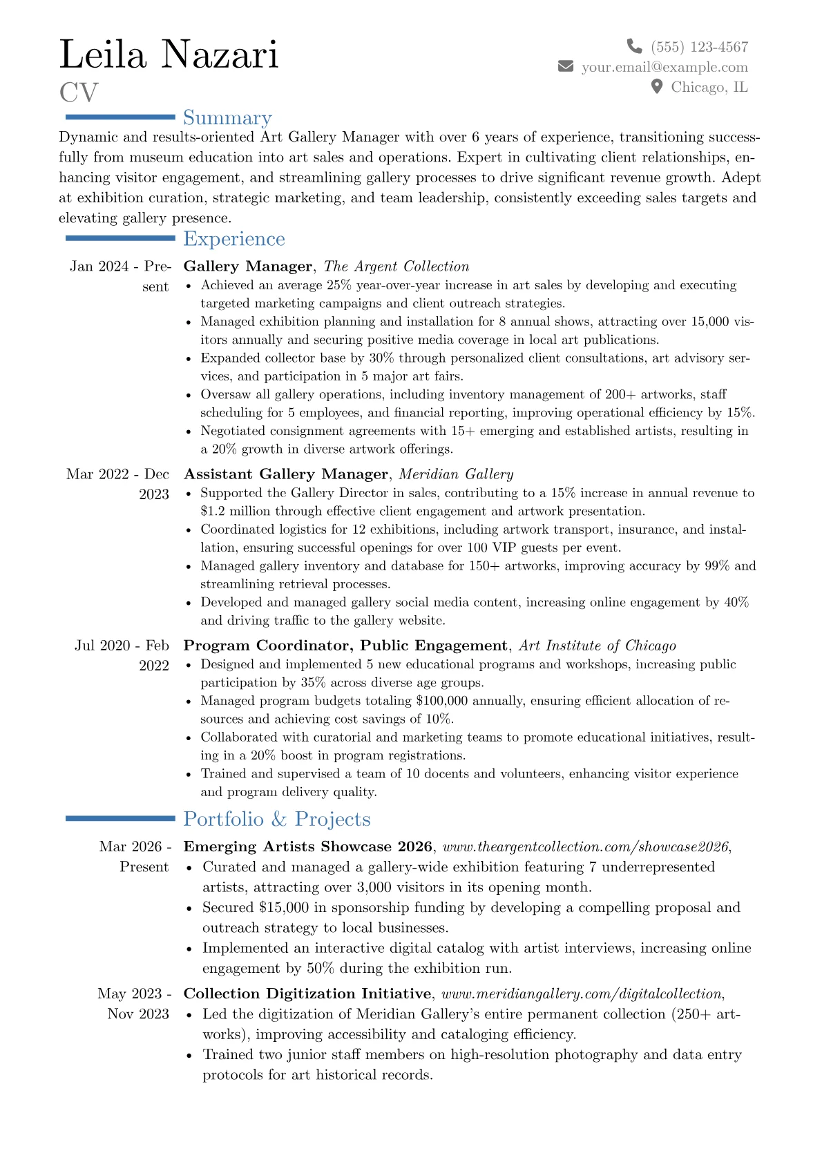 Art Gallery Manager resume example, Career changer, page 1