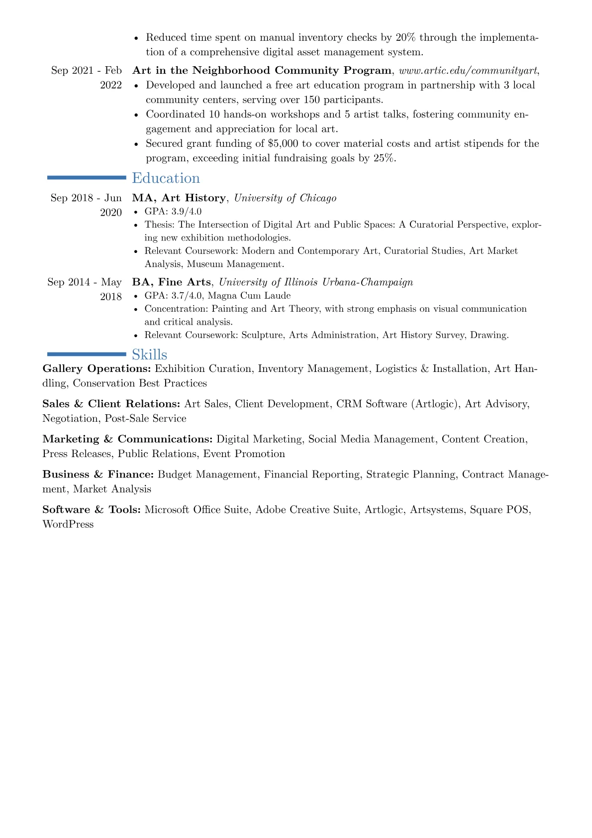Art Gallery Manager resume example, Career changer, page 2