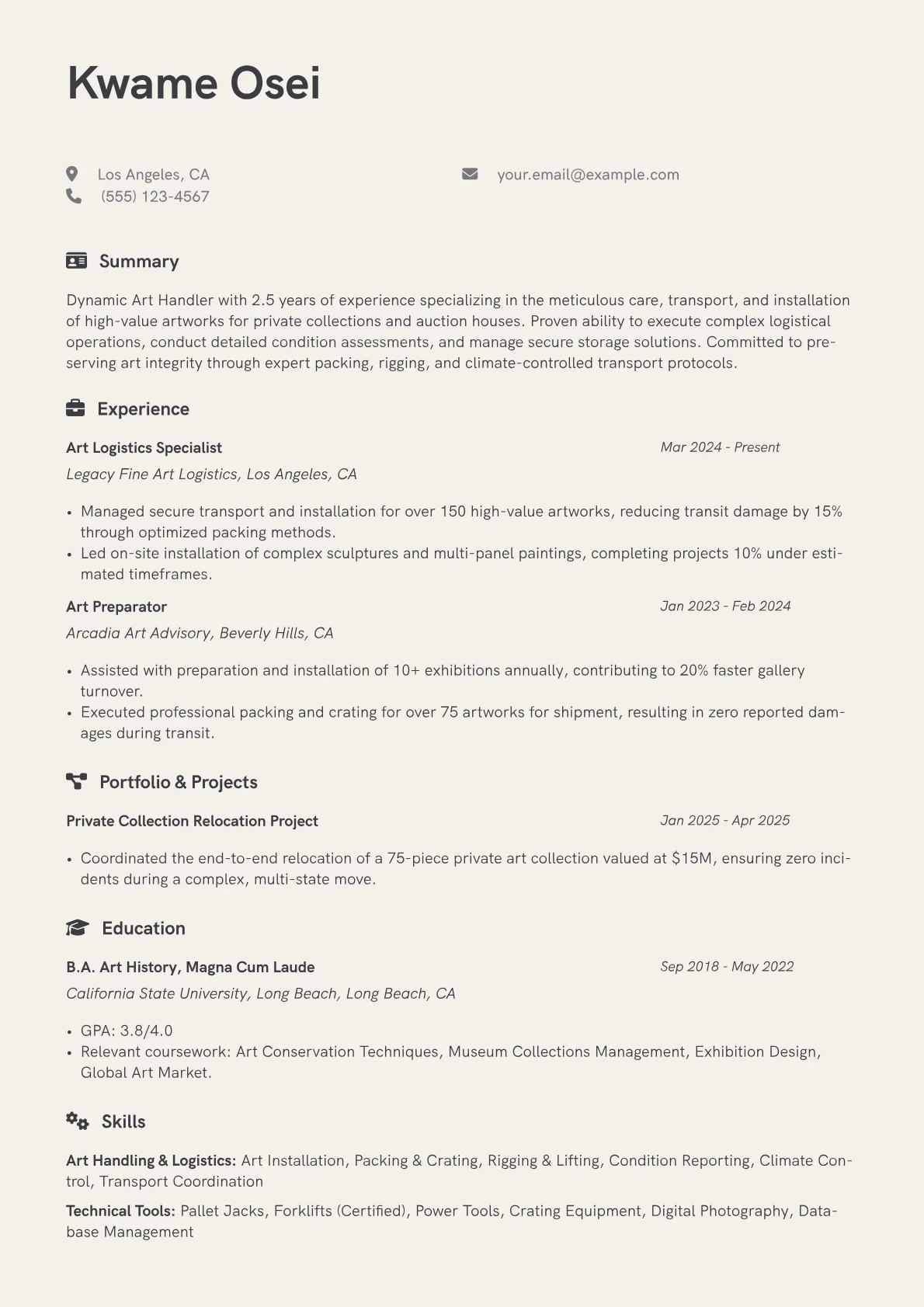 Art Handler resume example, Art Handler, page 1