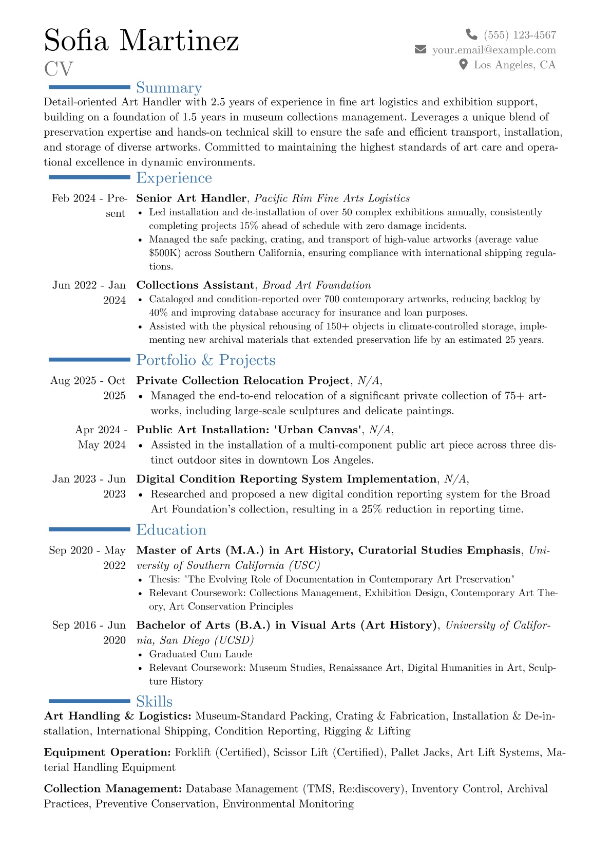 Art Handler resume example, Career changer, page 1