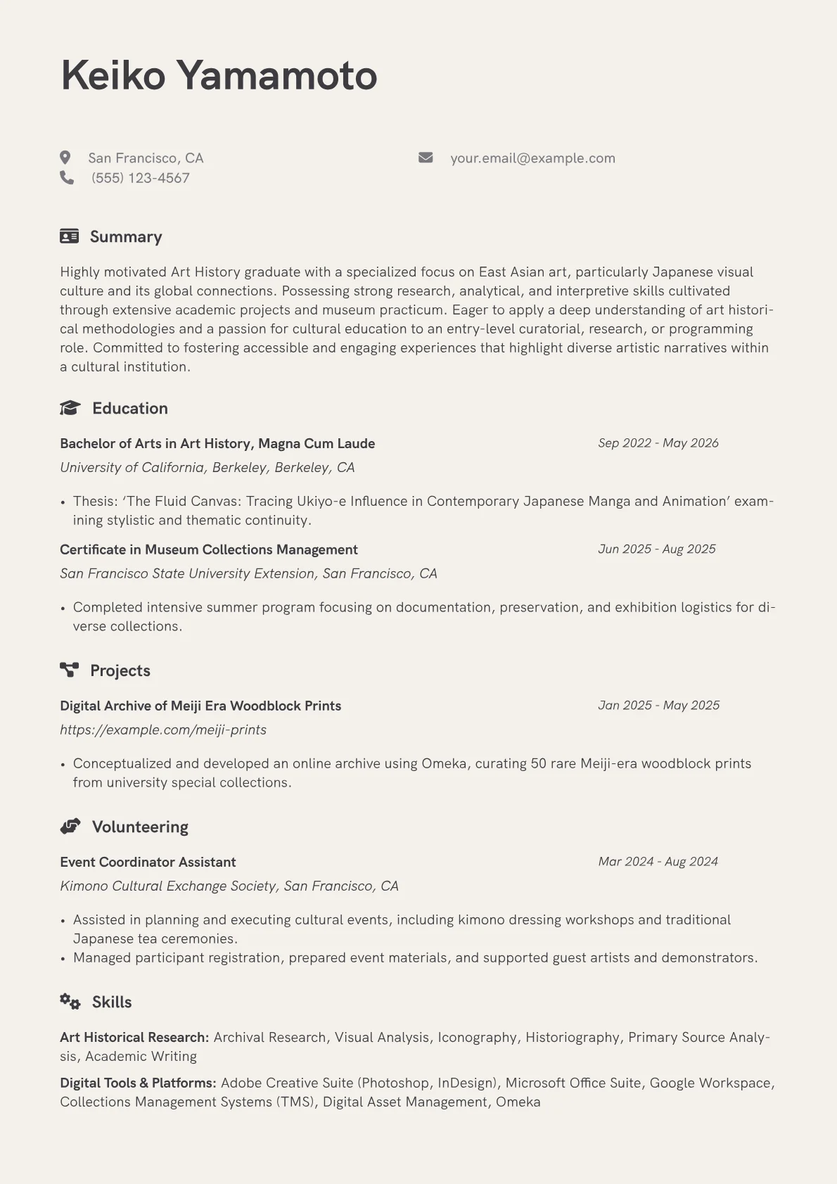 Art History resume example, Art History Student, page 1
