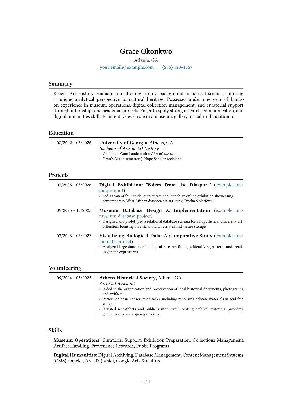 Art History resume example, Career changer, page 1