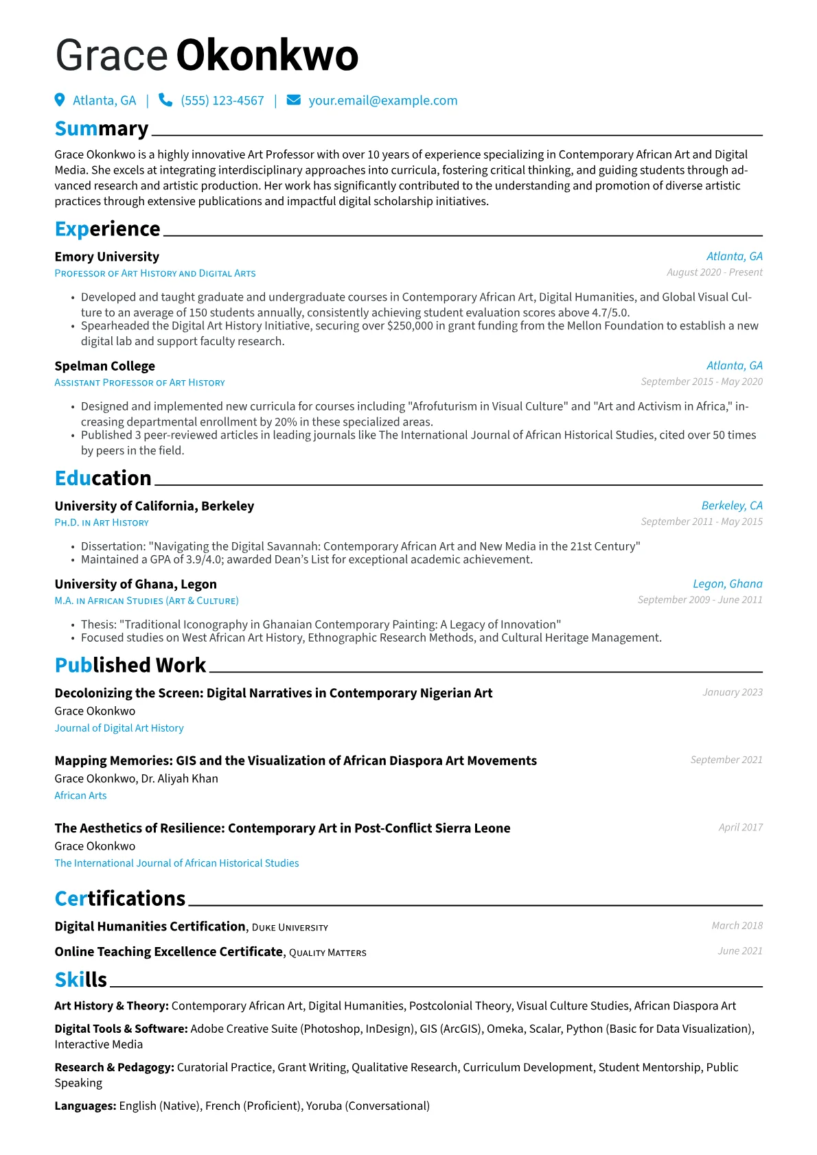 Art Professor resume example, Senior Art Professor, page 1