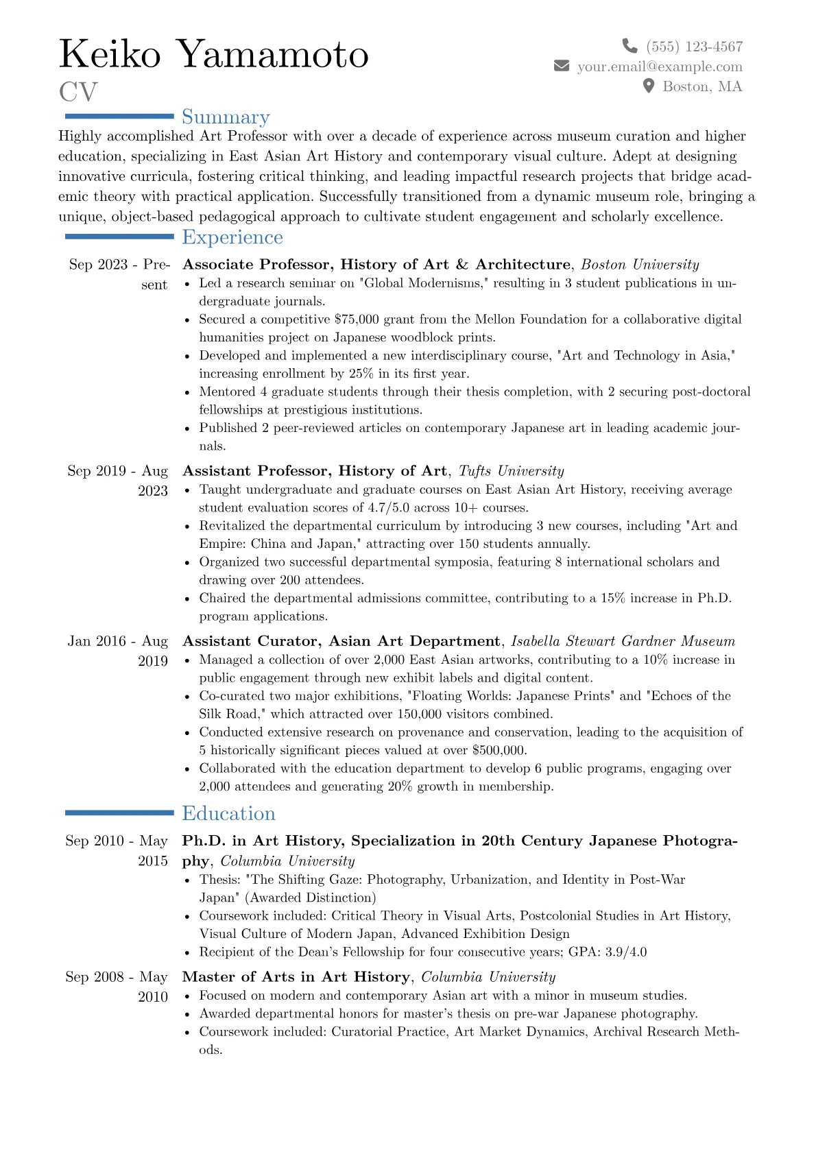 Art Professor resume example, Career changer, page 1