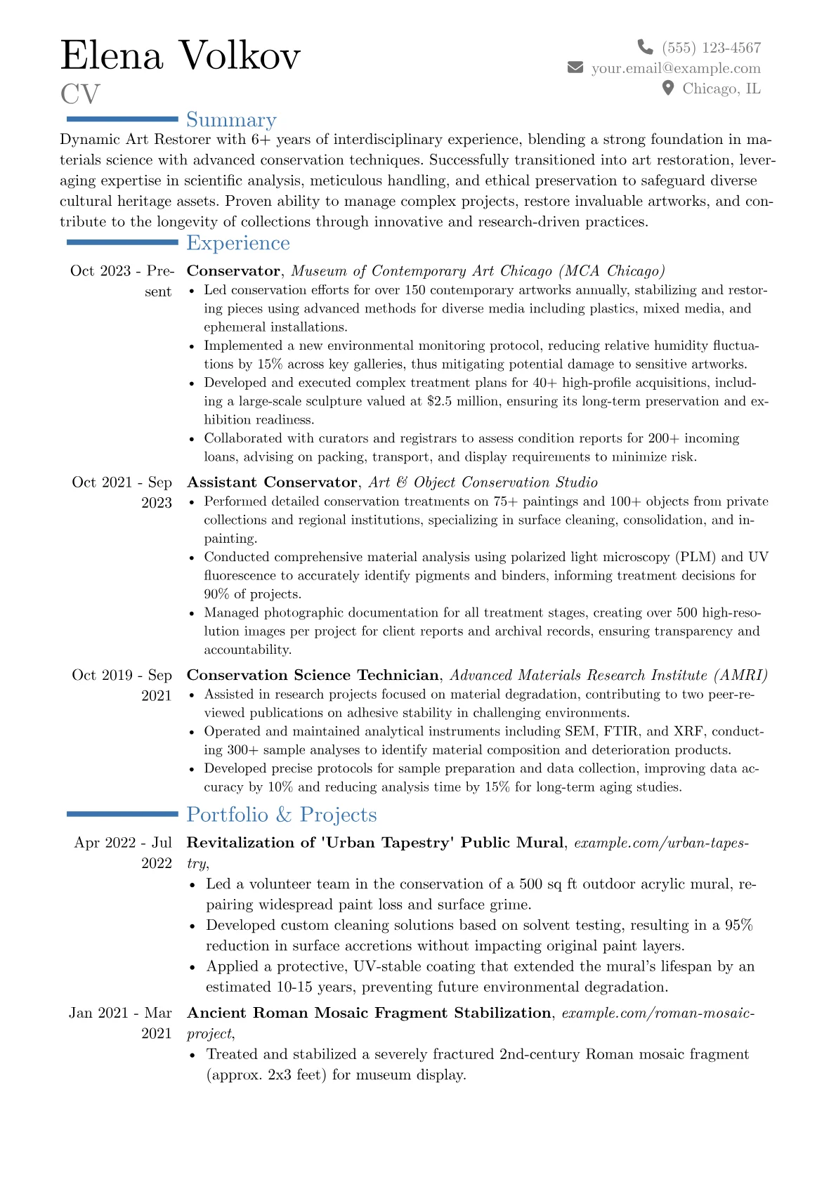 Art Restorer resume example, Career changer, page 1