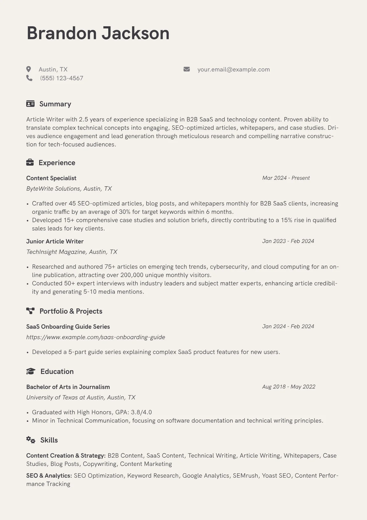 Article Writer resume example, Content Creation, page 1