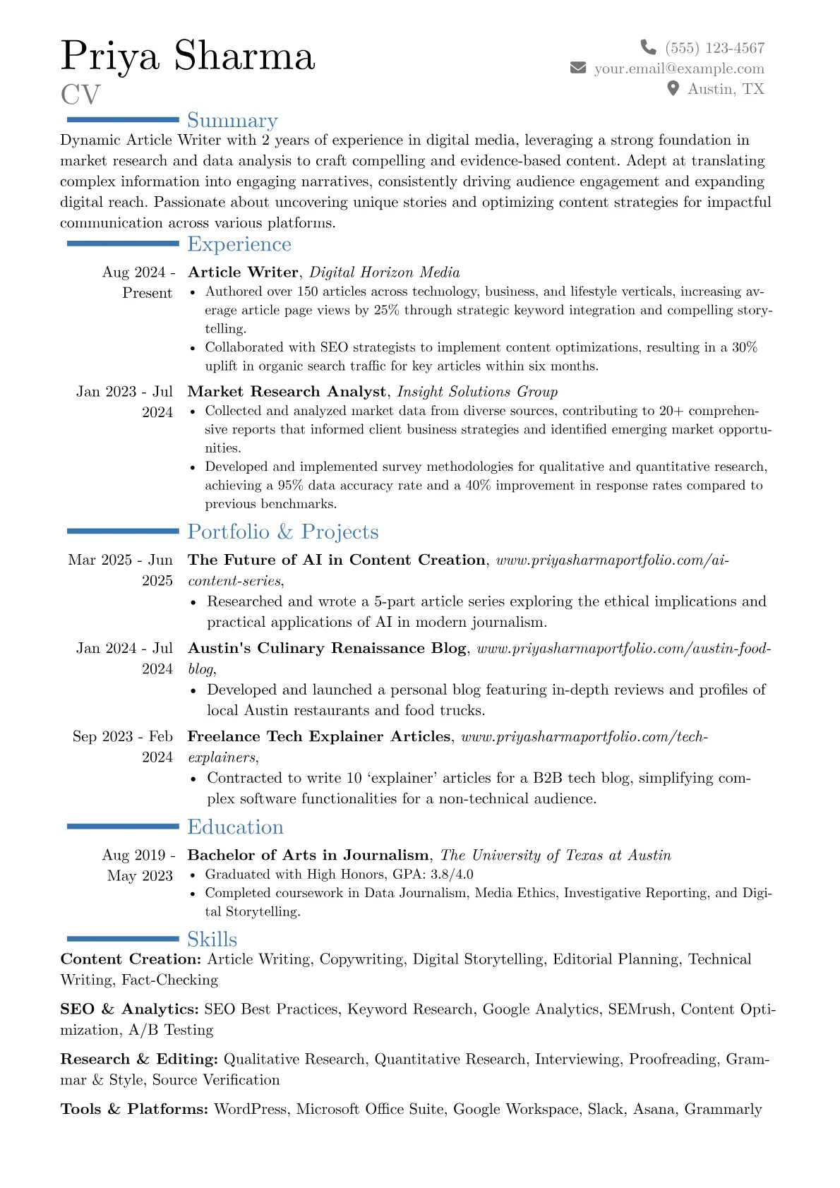 Article Writer resume example, Career changer, page 1