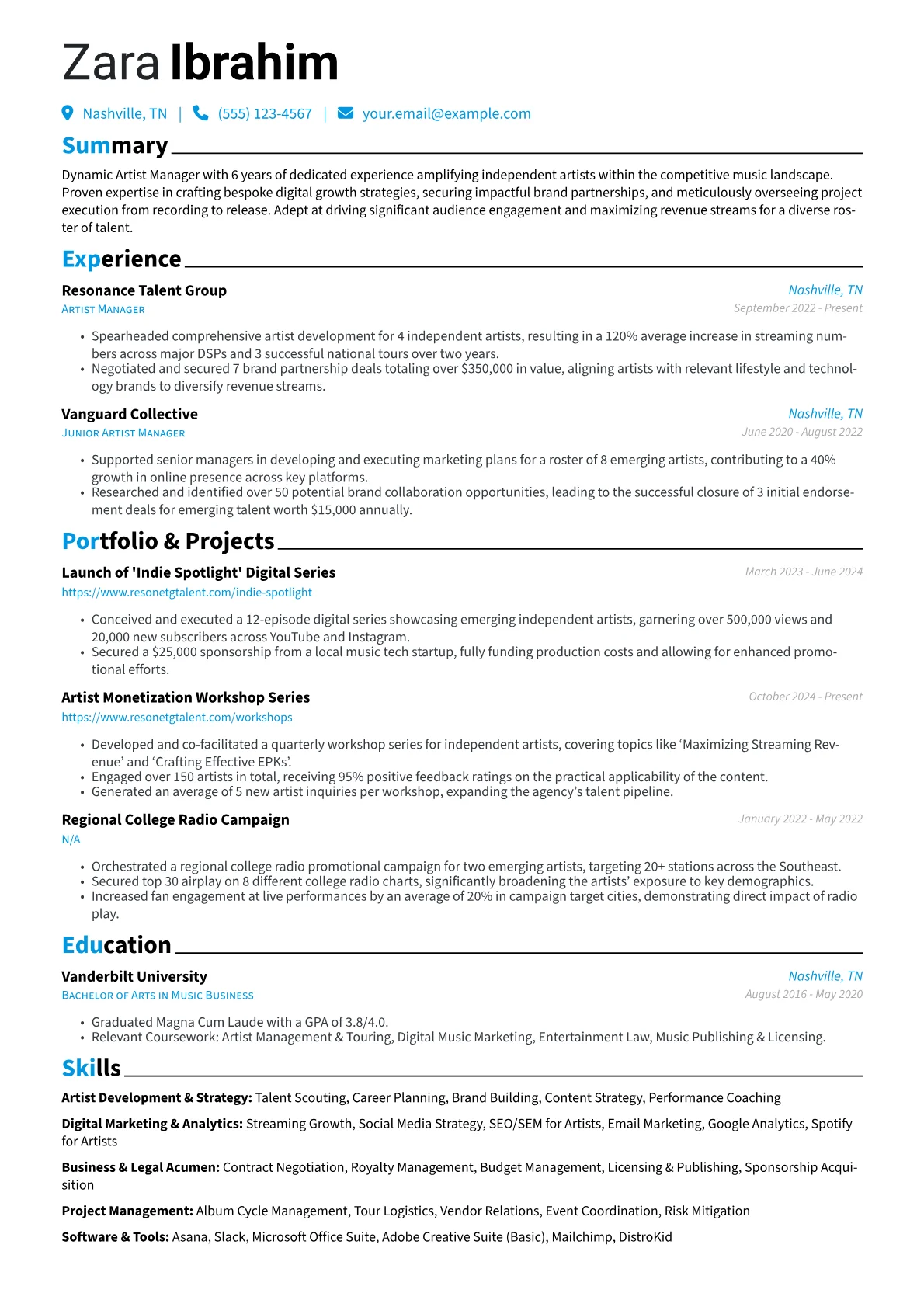 Artist Manager resume example, Artist Manager, page 1