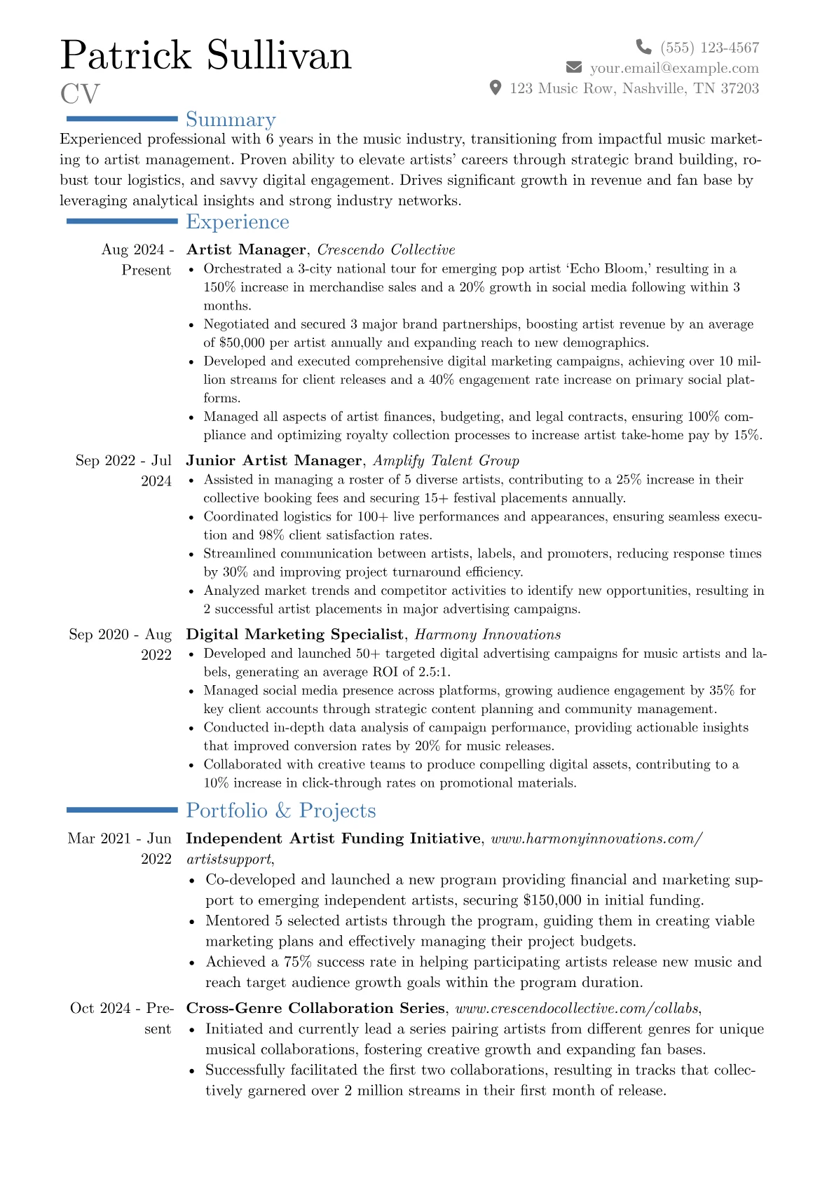 Artist Manager resume example, Career changer, page 1