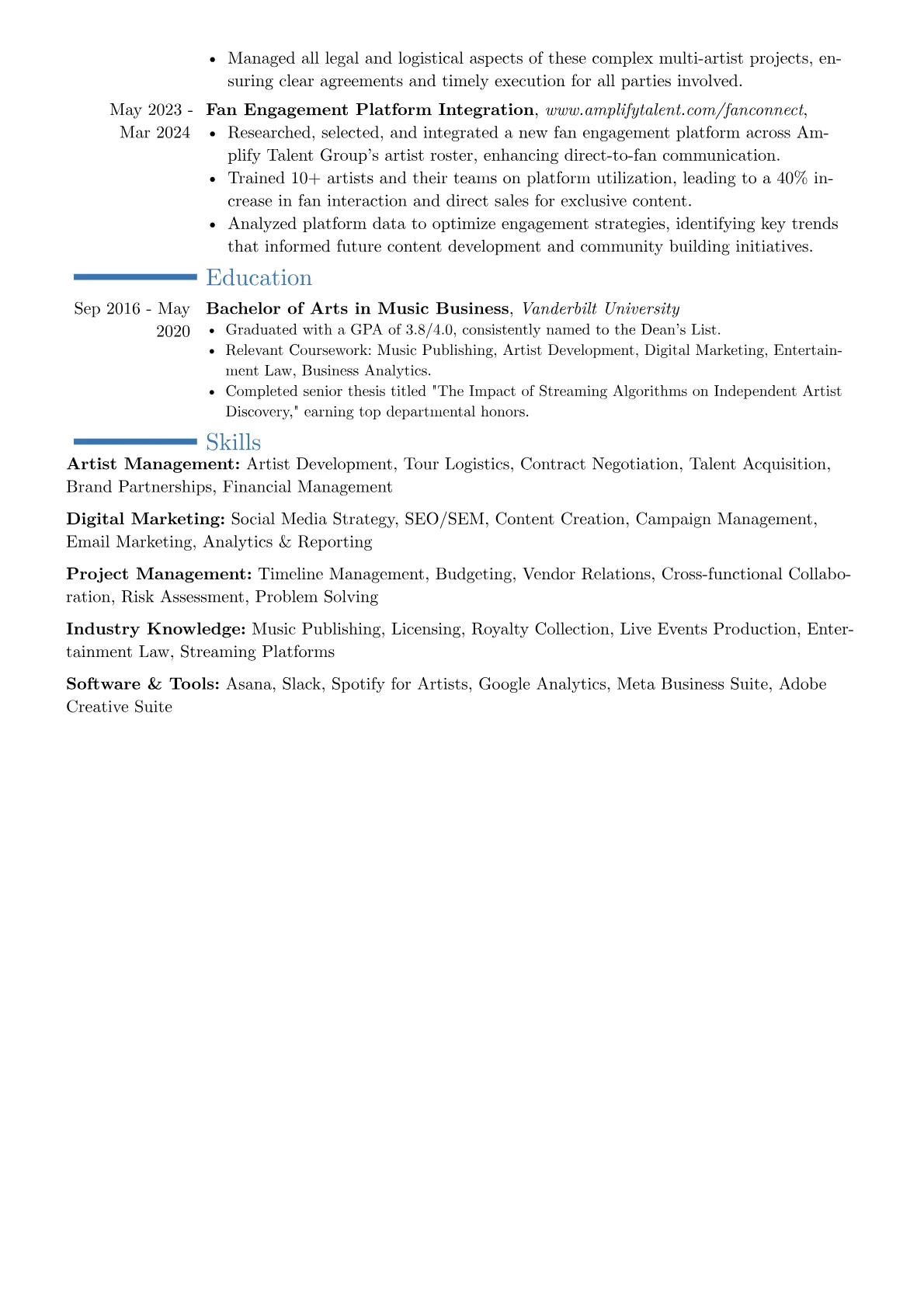 Artist Manager resume example, Career changer, page 2